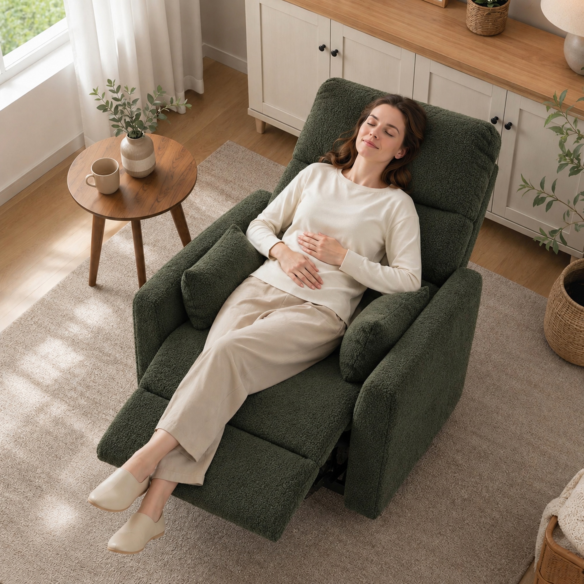 Aufstehsessel mit Massage und Wärme, elektrischer Relaxsessel aus Teddyfleece für Senioren, Dunkelgrün