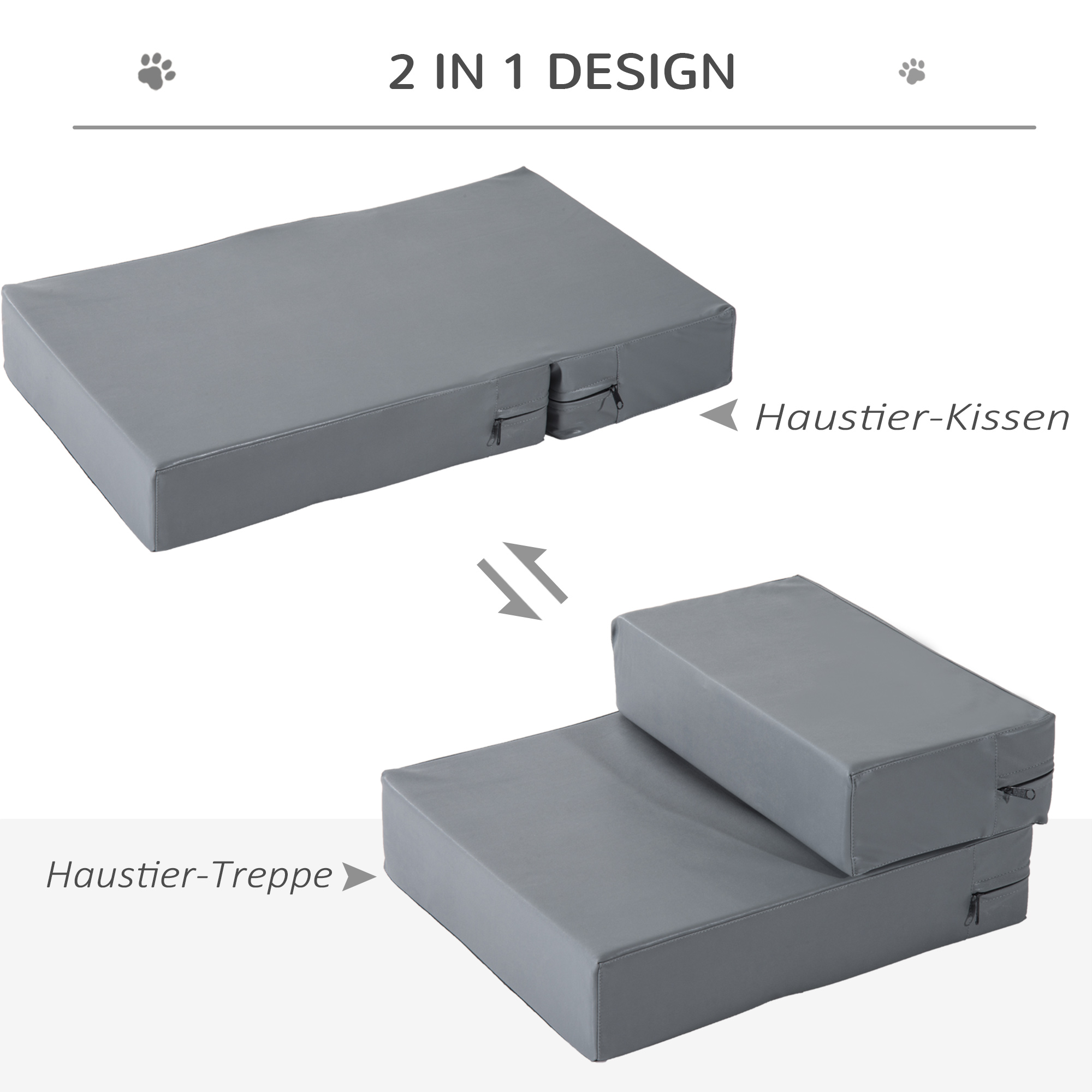 Haustiertreppe Tierunterlage 2 Stufen Klappbar bis 7 kg Hundetreppe Treppe Unterlage für Katzen und Hunde Grau L45 x B39 x H20 cm