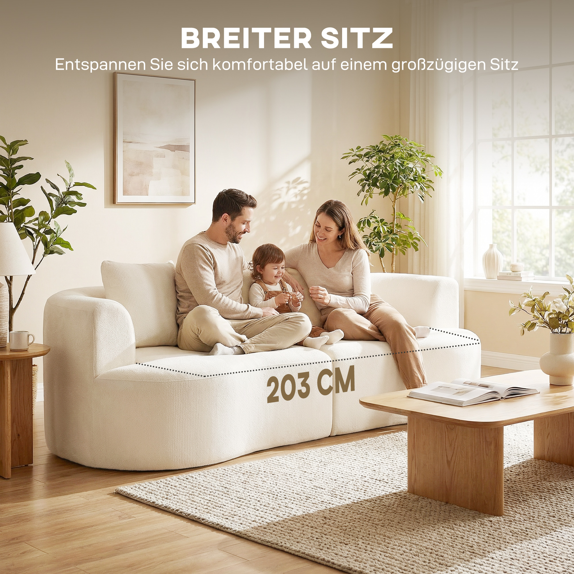 3-Sitzer-Sofa, 260 cm Chenille-Sofa mit breiter Sitzfläche, Federkernpolsterung, hochdichtem Schaumstoff, 3 Kissen creme