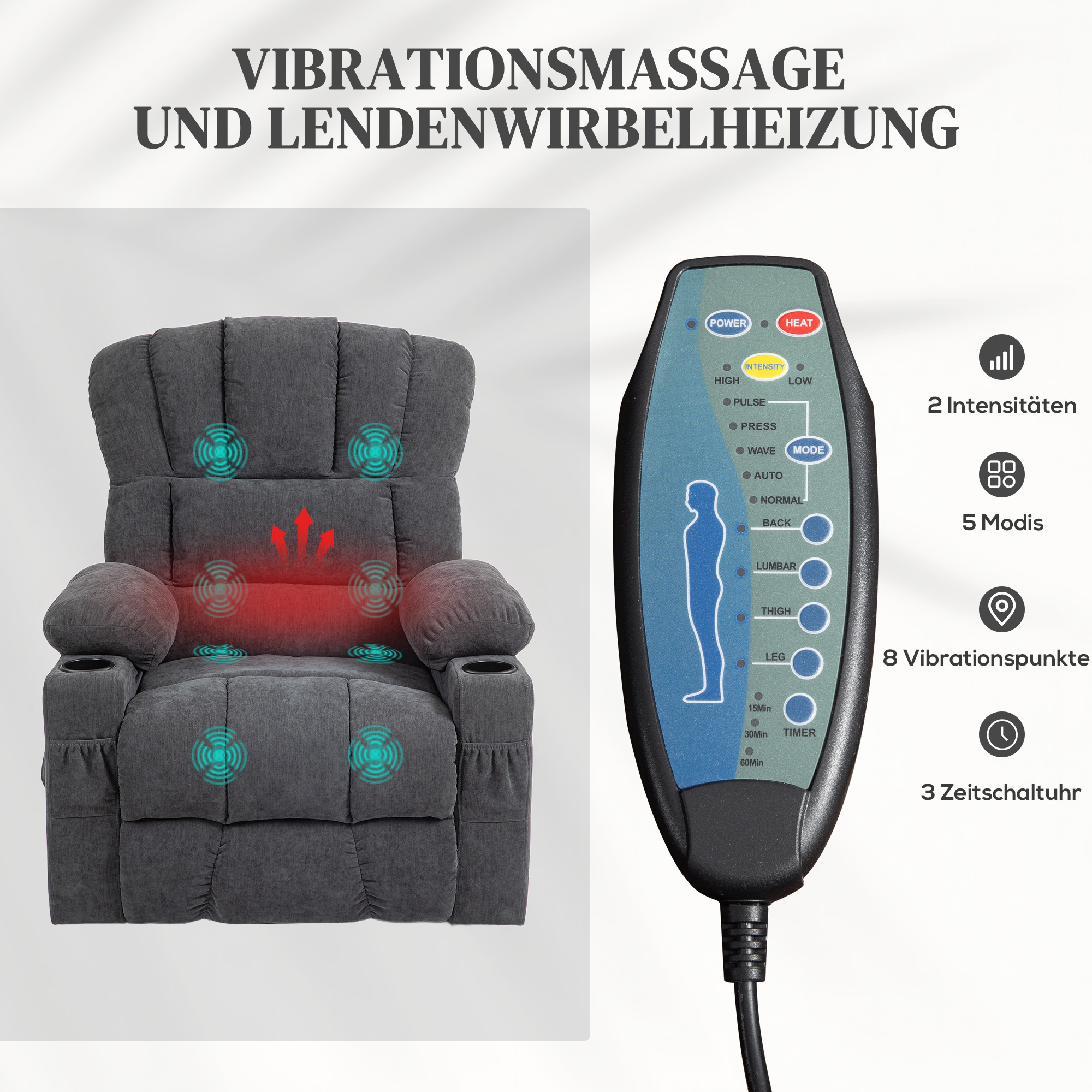 Power Lift Aufsteh-Sessel mit Massage- und Wärmefunktion, USB-Anschlüssen, Becherhaltern, Dunkelgrau