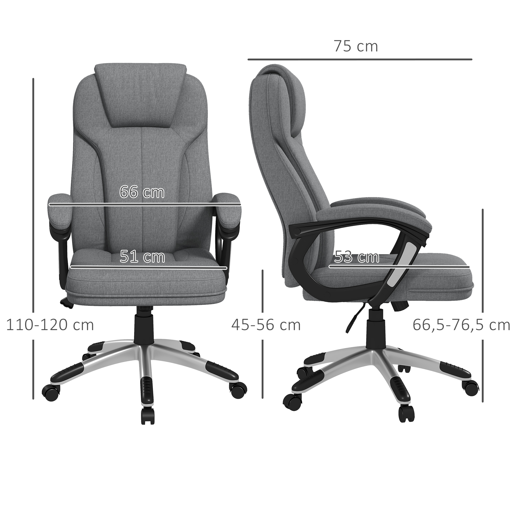 Bürostuhl Schreibtischstuhl Chefsessel, höhenverstellbar, Wippfunktion, 6 cm x 75 cm x 120 cm, Grau