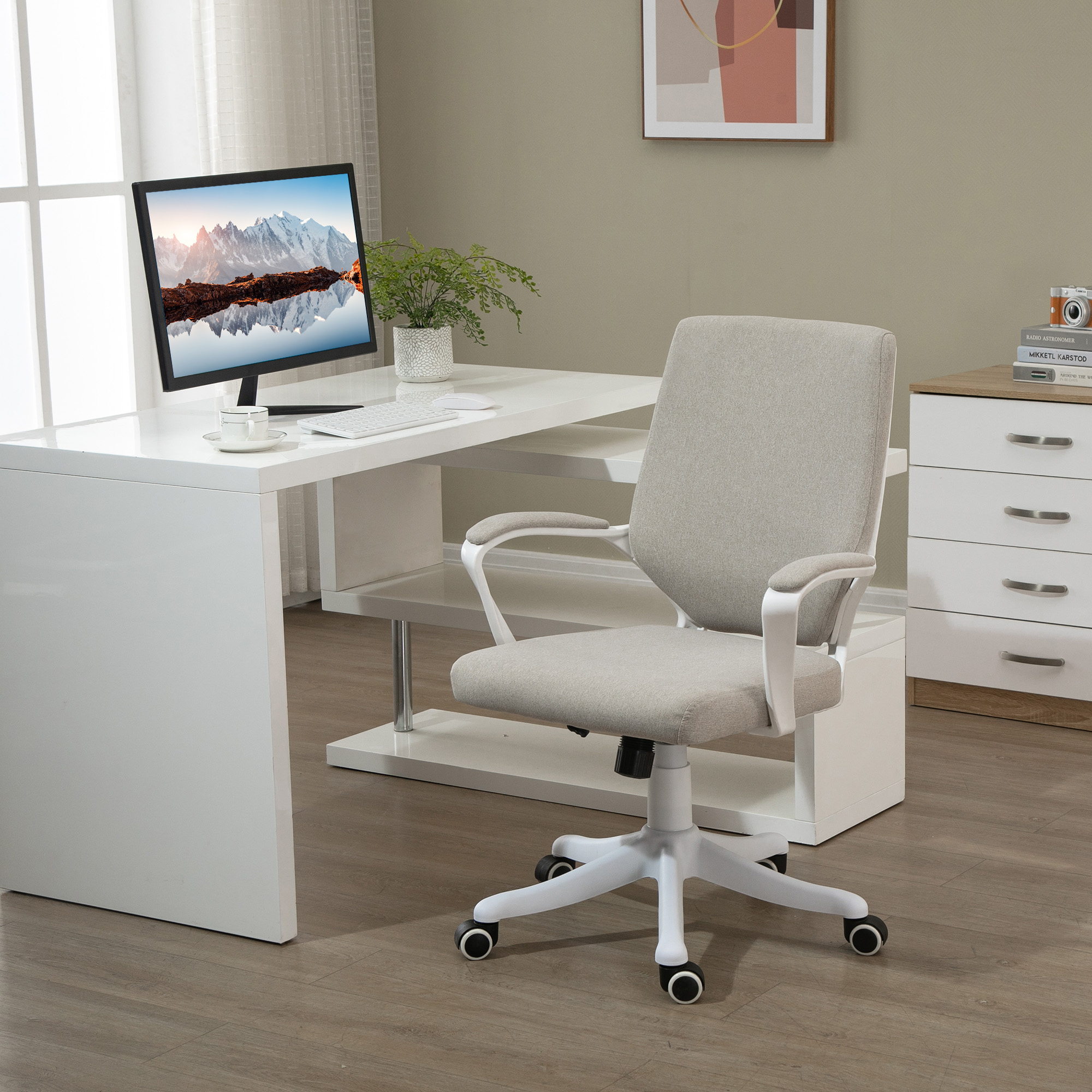 Bürostuhl Schreibtischstuhl Home-Office-Stuhl mit Wippenfunktion Rückenlehne höhenverstellbarer dick gepolstert ergonomisch 360°-Drehräder Polyester Nylon PP Beige+Weiß 62x69x92-100 cm