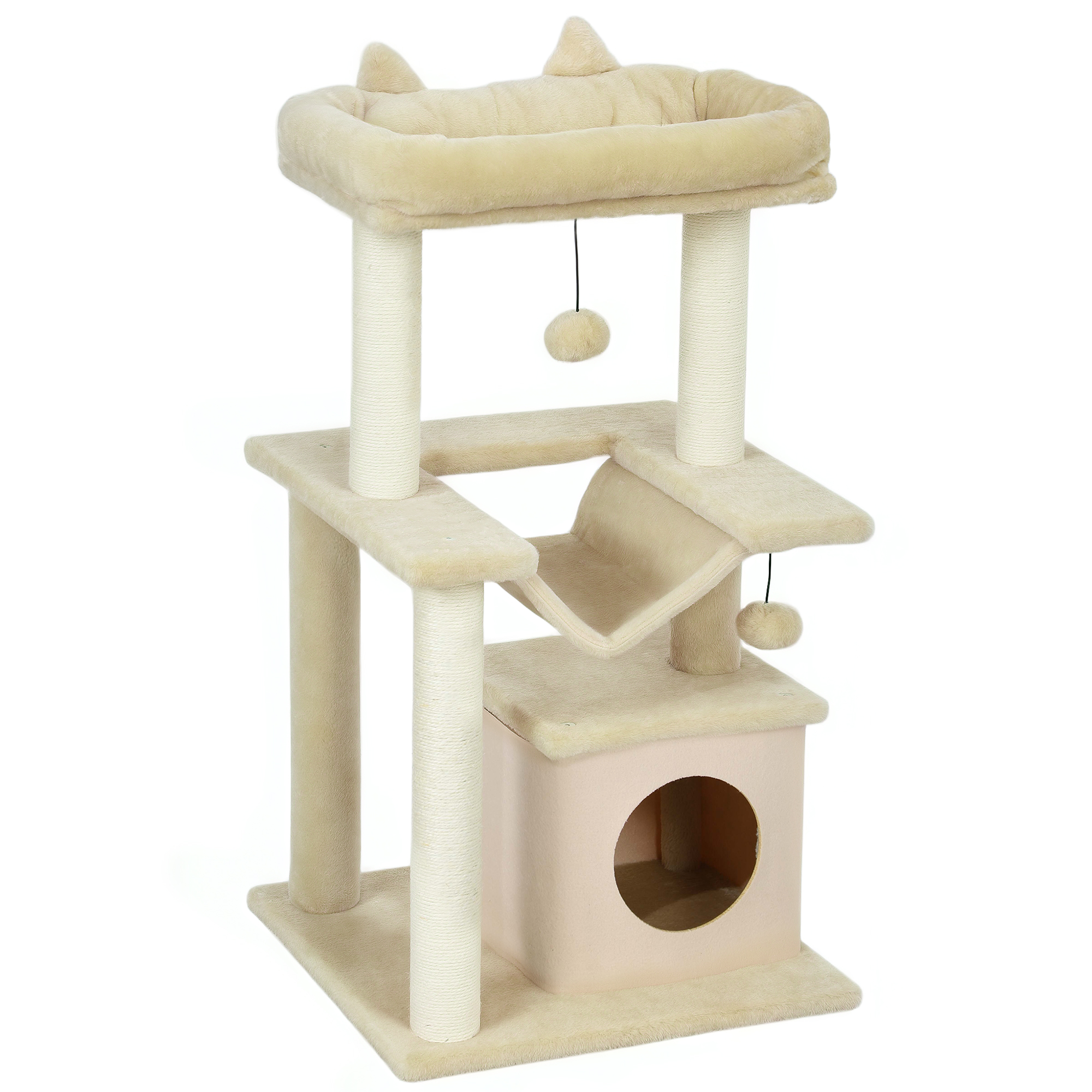 Katzenbaum, Kratzbaum mit Spielzeug, Sitzstange, Hängematte, 48 x 48 x 90 cm, Creme