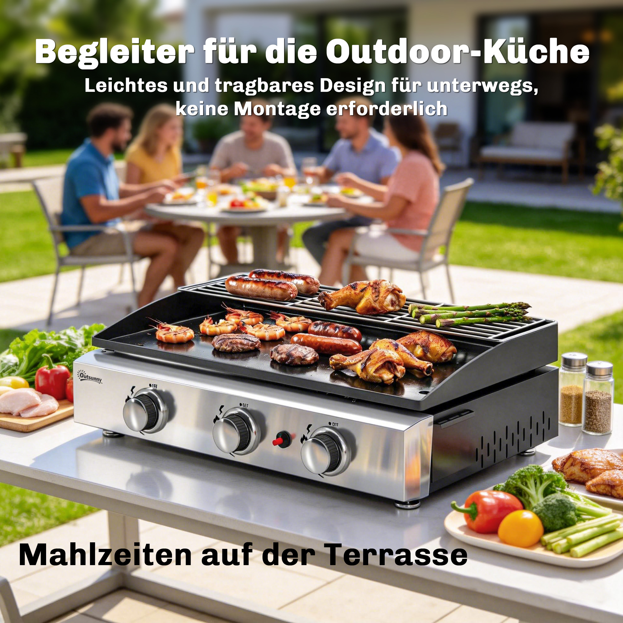 Gasgrill 7,5 KW Tragbarer Tischgrill mit 3 Brenner Keramische Lackbeschichtung Grillrost Warmhalterost