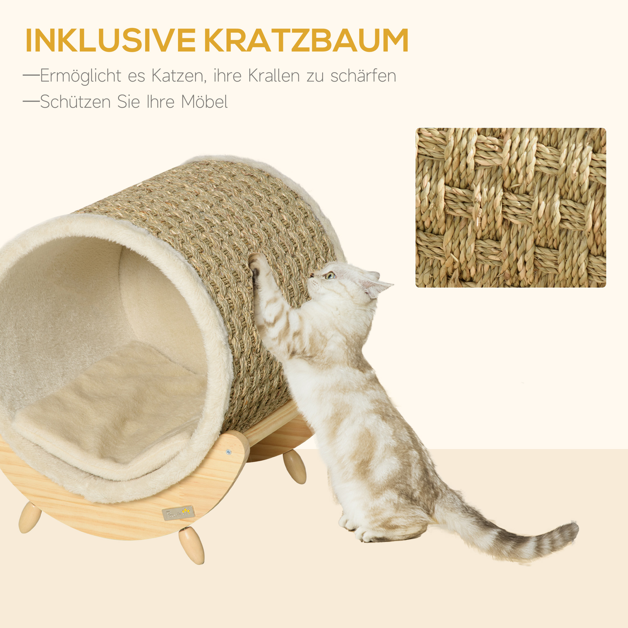 Katzenhöhle mit Kratzfläche inkl. Kissen, Kratztonne, 41 cm x 38 cm x 43 cm, Natur + Beige
