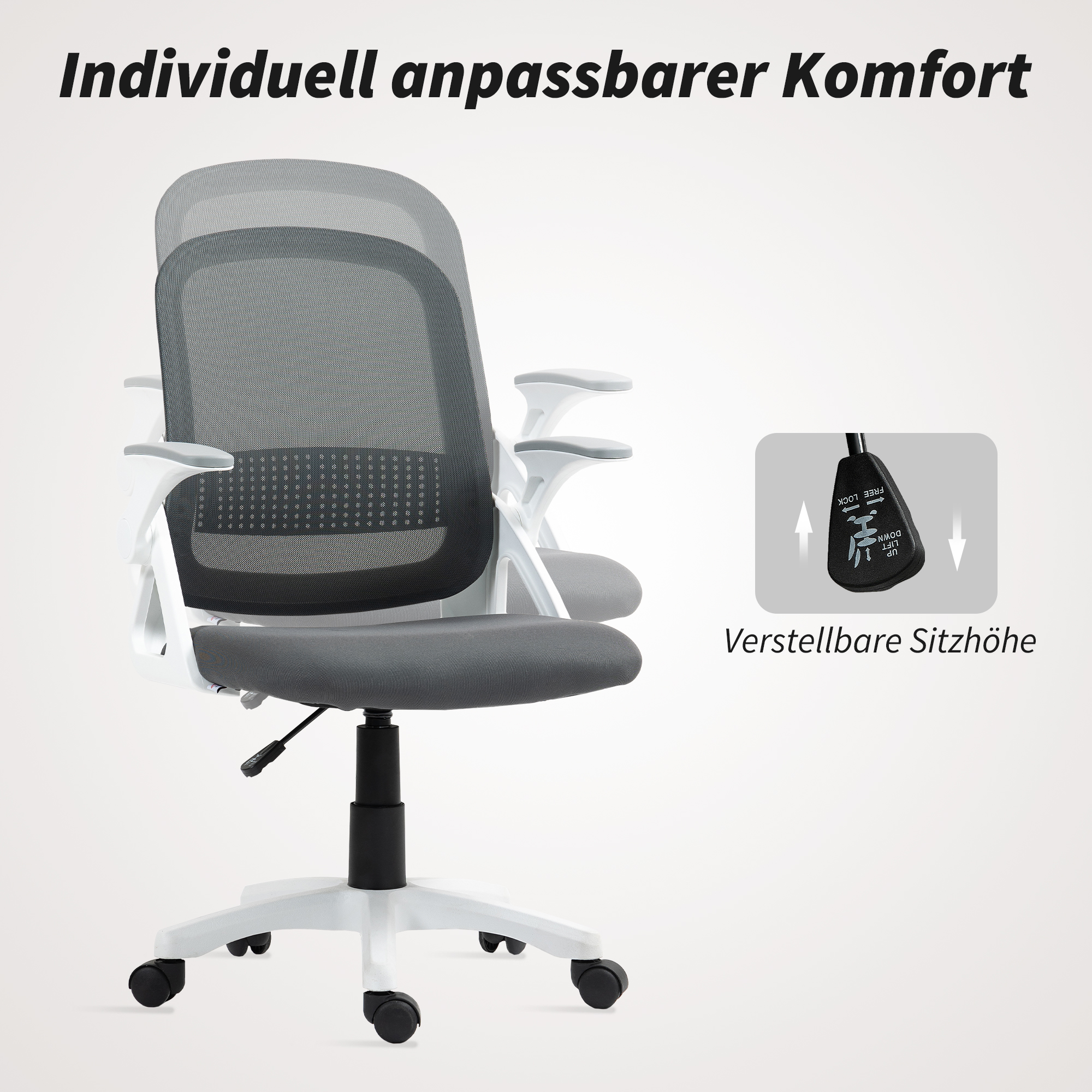 Atmungsaktiver Mesh-Bürostuhl, Ergonomischer Drehstuhl mit klappbaren Armlehnen und Lendenwirbelstütze, Grau