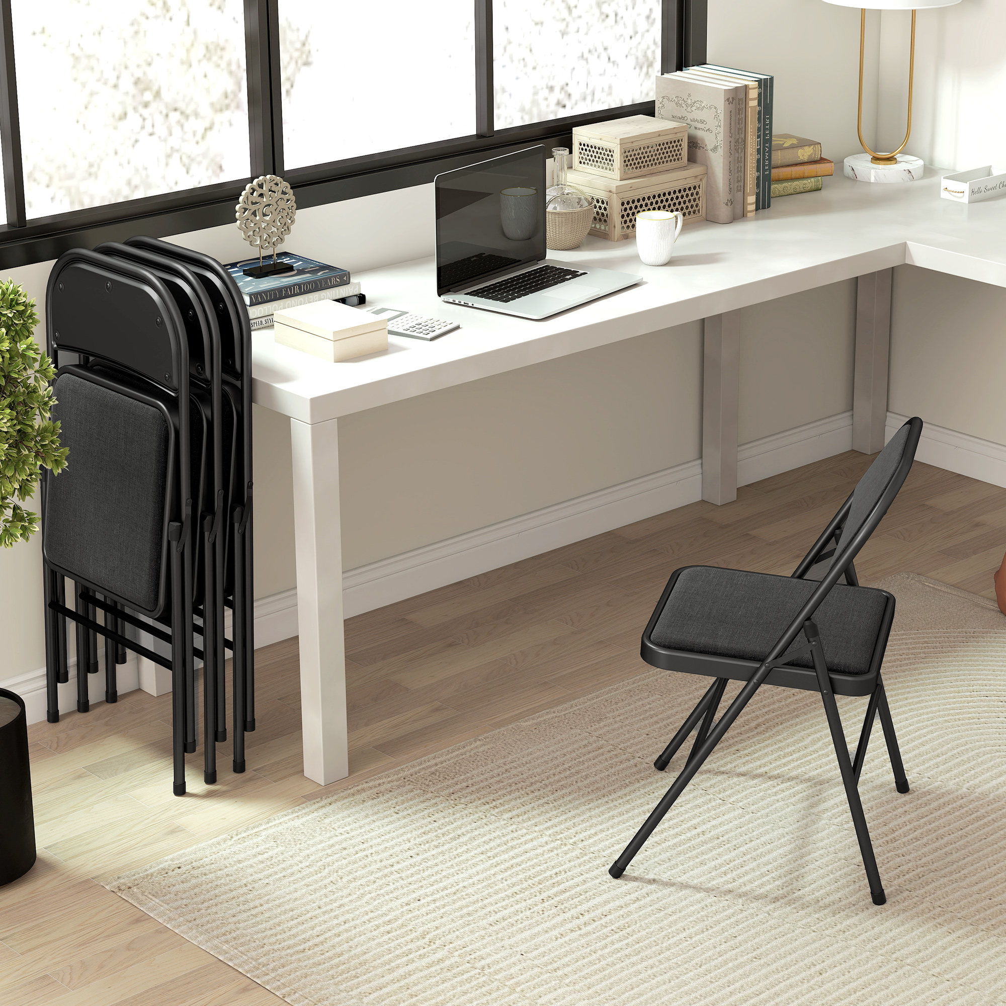 4er-Set Klappstühle, Tragbare Bürostühle, Metallbeine, Faltstuhl für Büro, Empfang, Wartezimmer, Leinenoptik, Schwarz