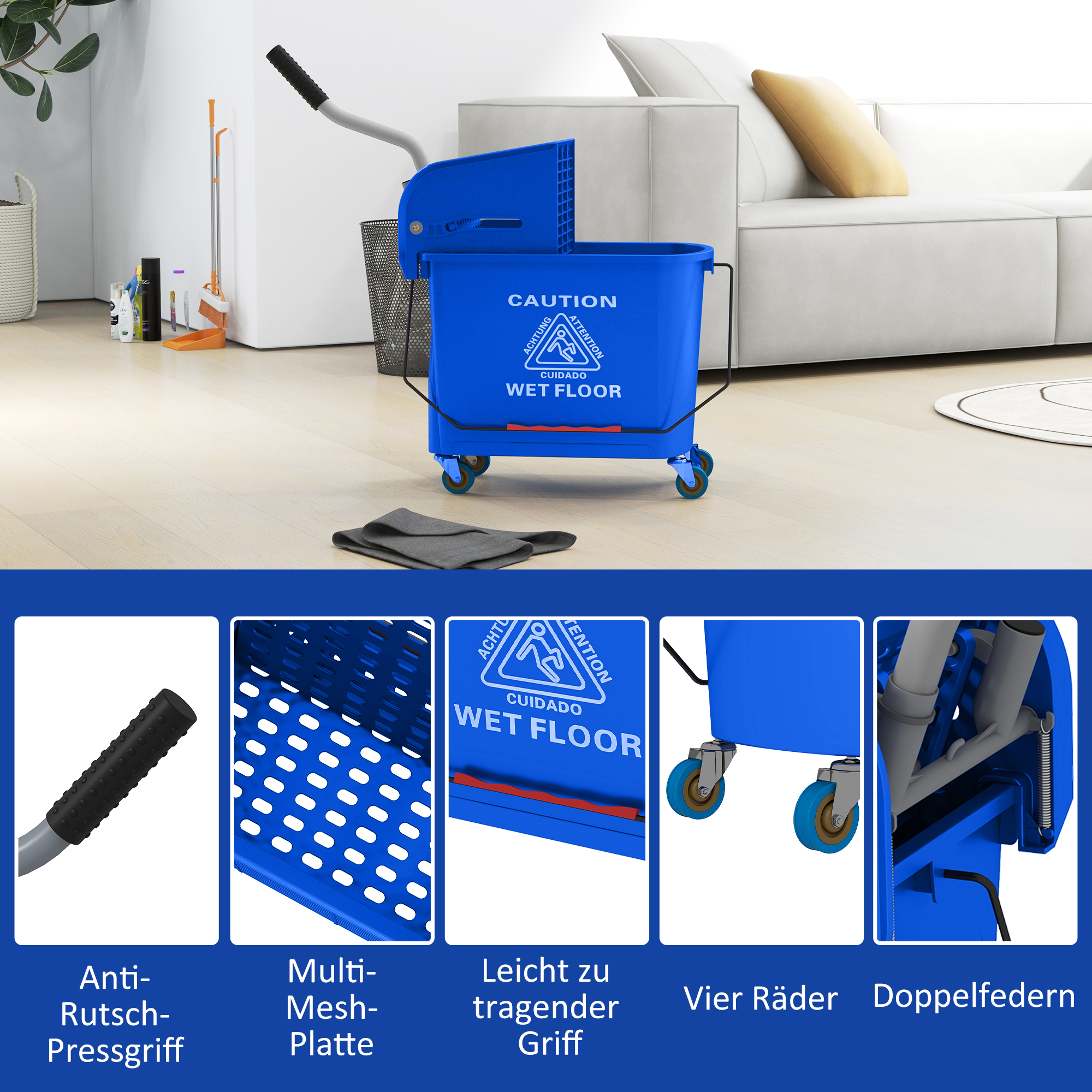 20l Mopp-Eimer mit Auswringer und Griff, Wischmopp-Eimer auf Rädern, Kunststoff, Blau