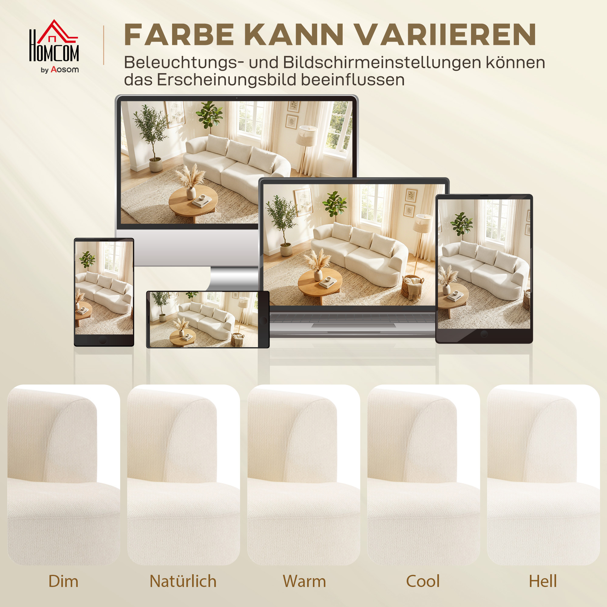 3-Sitzer-Sofa, 260 cm Chenille-Sofa mit breiter Sitzfläche, Federkernpolsterung, hochdichtem Schaumstoff, 3 Kissen creme