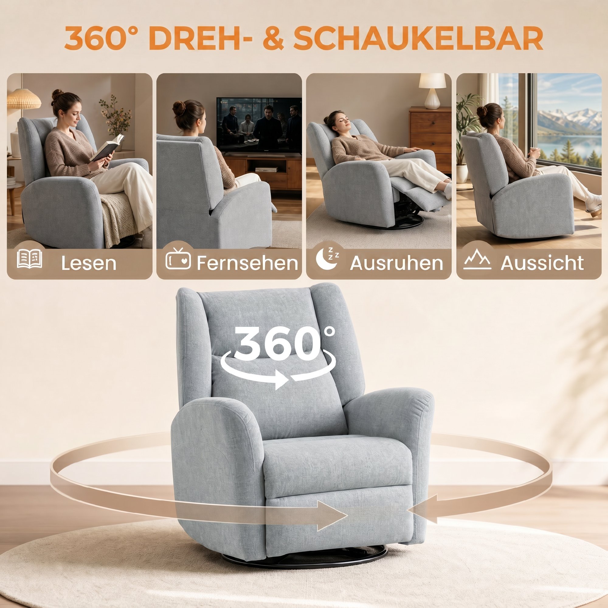 Relaxsessel, Drehbarer Fernsehsessel mit Liegefunktion, Breitem Tiefem Sitz, Kratzfestem Stoff für Wohnzimmer, Hellgrau
