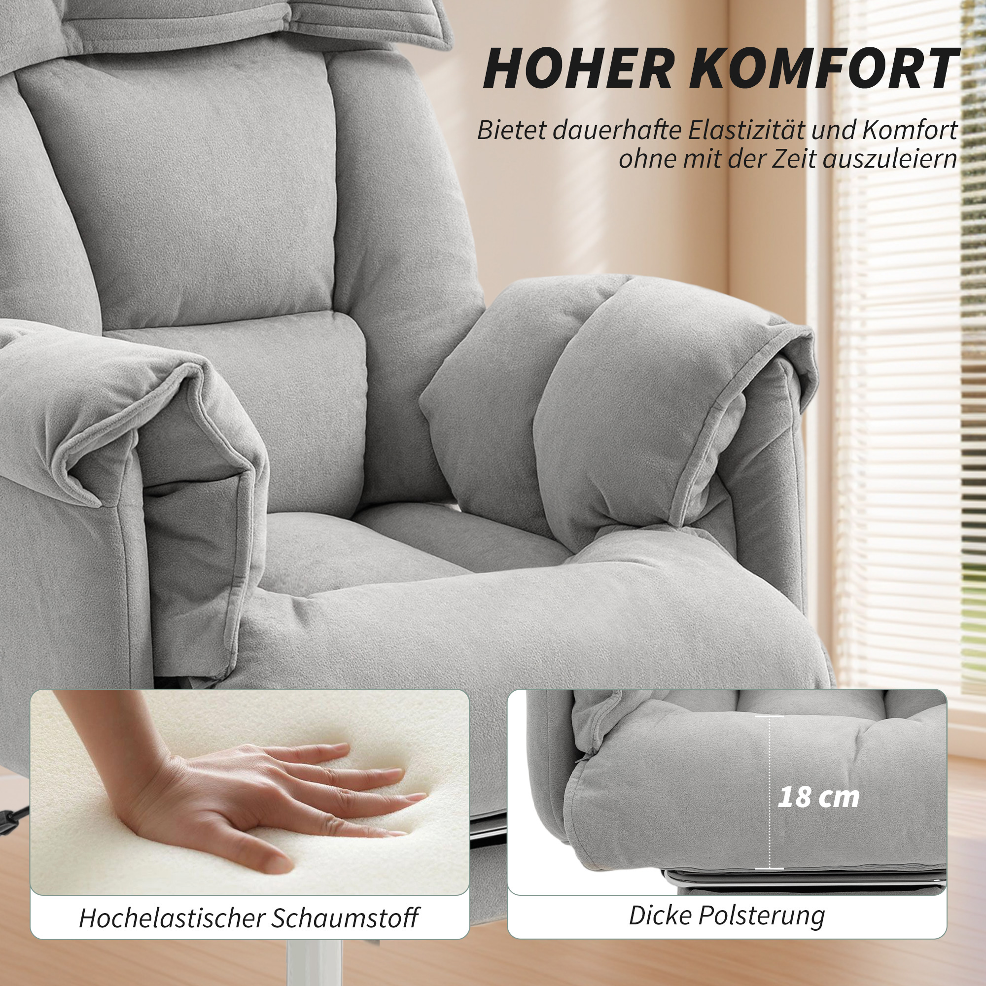Bürostuhl Neigbar Höhenverstellbar Schreibtischstuhl mit Armlehne Fußstütze hoher Rückenlehne 75 x 77 x 110-118 cm Grau