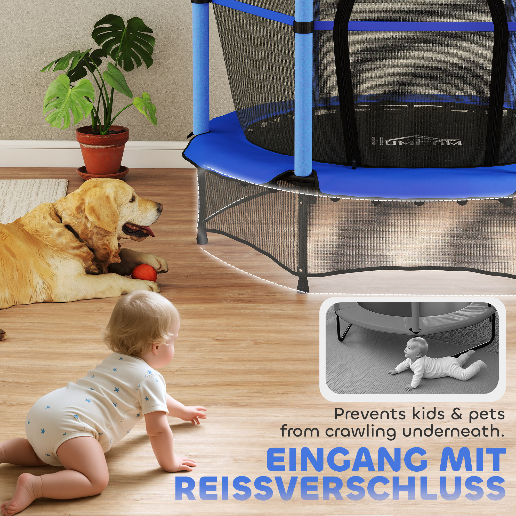 Trampolin für Kinder, Ø140 cm, mit Sicherheitsnetz, für innen und außen, Stahl, Kunststoff, belastbar bis 50 kg, Blau