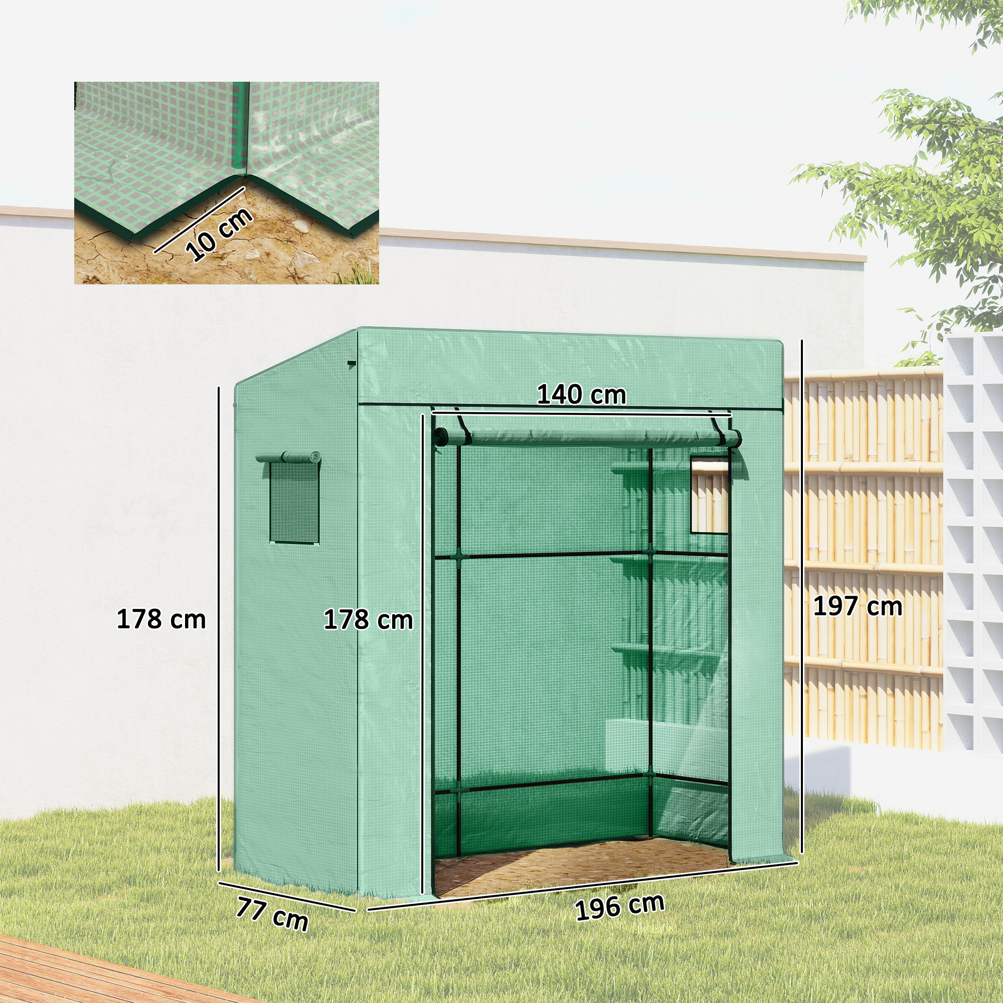 Tomatengewächshaus Foliengewächshaus mit Rolltor Mesh-Fenster Schrägdach 196 x 77 x 197 cm Grün