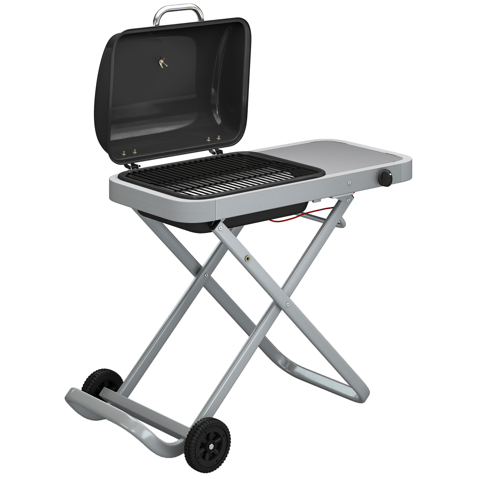 tragbarer Gasgrill 1-Brenner 2,5kW Grillwagen mit Faltbarem Rollwagen Grillrost Seitentisch Deckel Thermometer