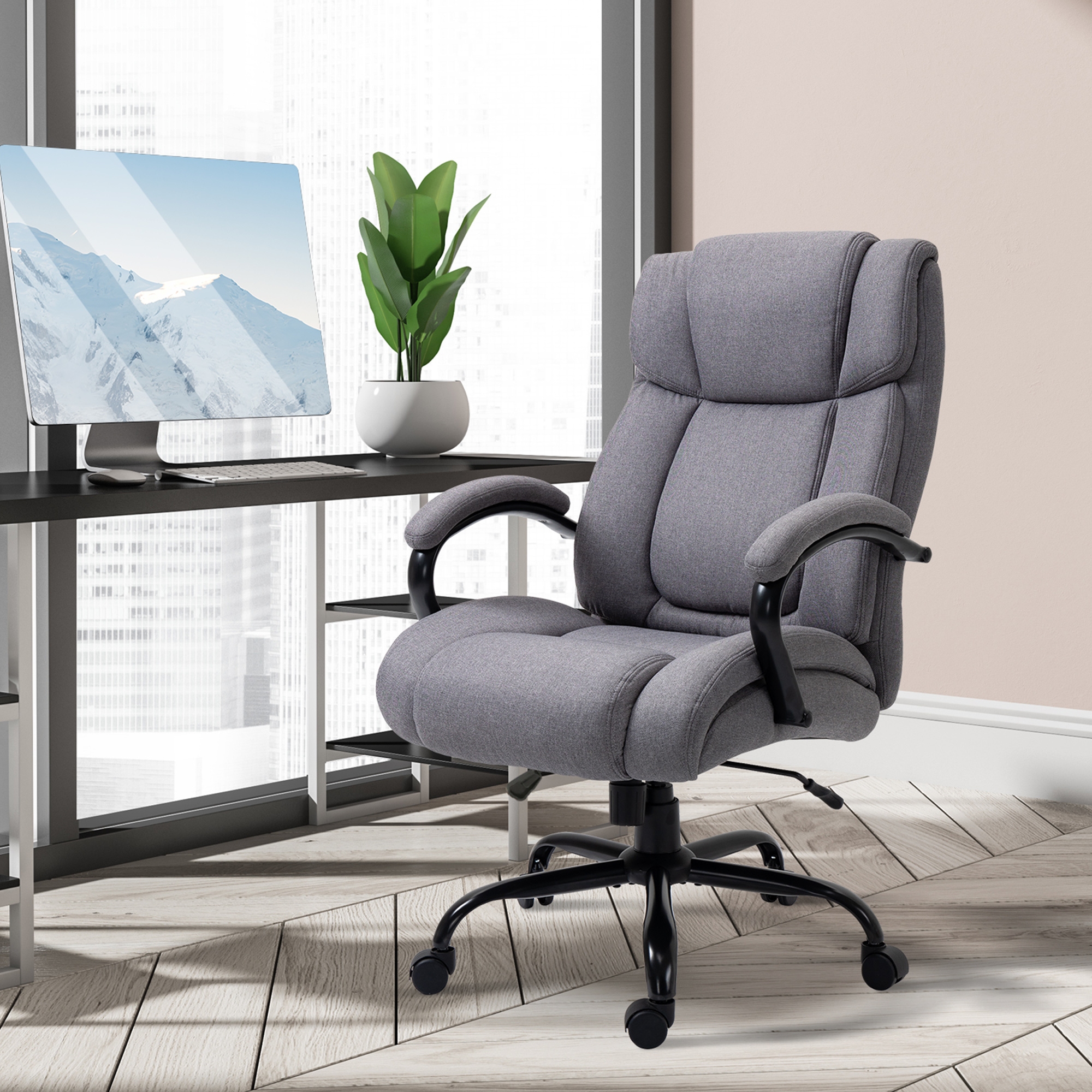 Bürostuhl, ergonomischer Chefsessel bis 220 kg belastbar, gepolsterter Schreibtischstuhl mit Armlehne, breiter Sitz, höhenverstellbarer Drehstuhl mit Wippfunktion, Leinenoptik, hellgrau
