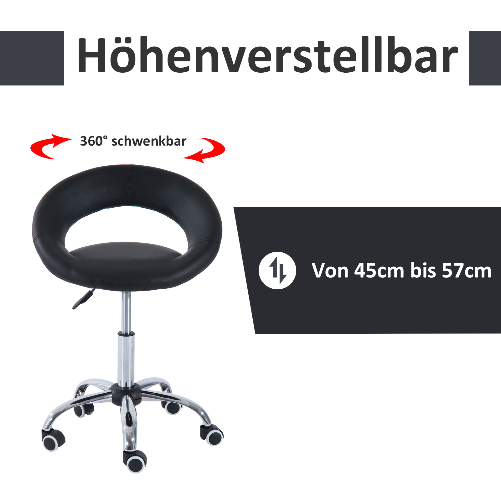 Rollhocker Arbeitshocker Drehhocker Bürostuhl höhenverstellbar, PU+Metall, Schwarz, 50 x 54 x (66-78) cm