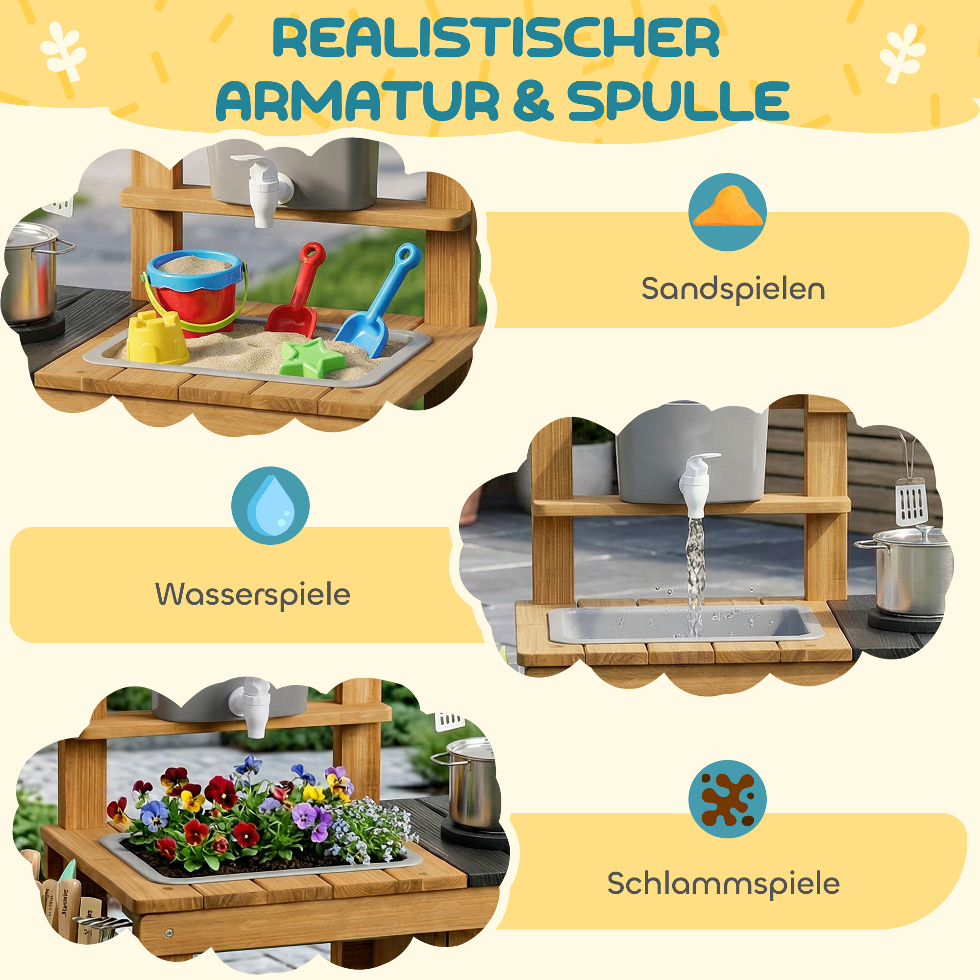 Matschküche Kinder Outdoor Spielküche aus Holz mit Wasserhahn Spüle Pflanzkasten Rädern Stauraum für 3-6 Jahre Braun