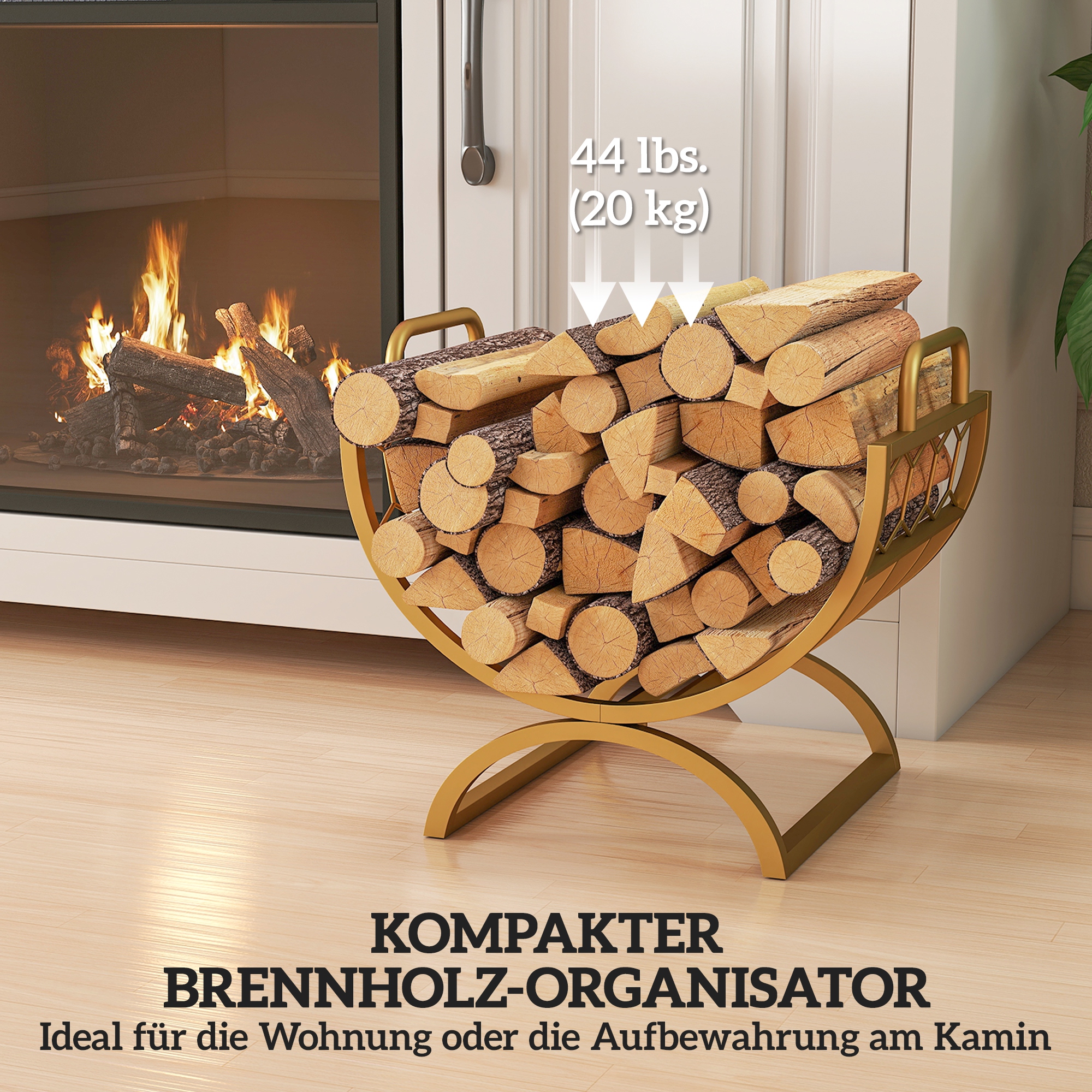 Kaminholzregal für innen 46 x 36 x 41cm Brennholzregal für Kamin Ofen Metall Gold