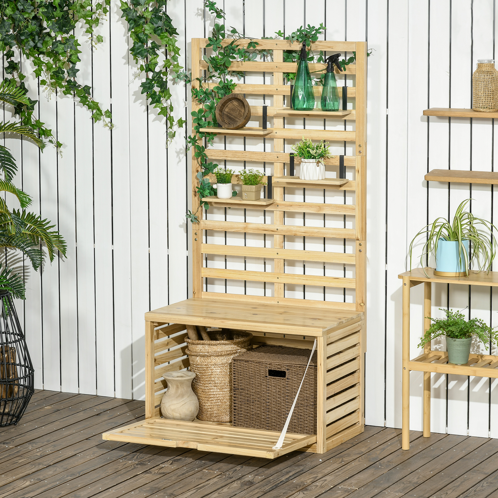 Aufbewahrungsbox mit Spalier, 4 Hängeregale, Magnettür, Massivholz, Natur, 80 x 45 x 160 cm