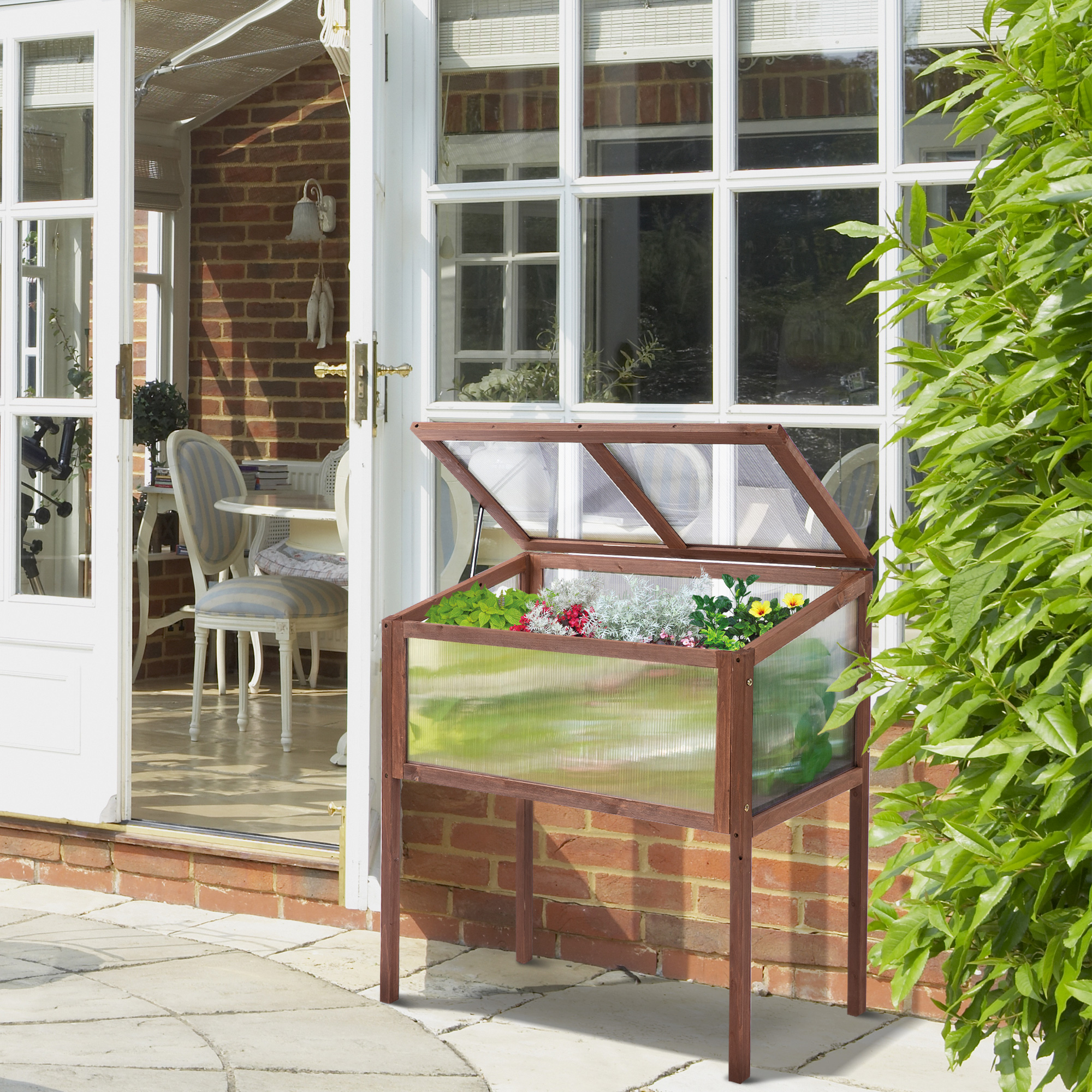 Hochbeet aus Holz Frühbeet 90 x 50 x 93 cm Gewächstisch mit Abdeckung wetterfes Kräuterbeet Pflanzkasten für Garten, Balkon und Terrasse Braun