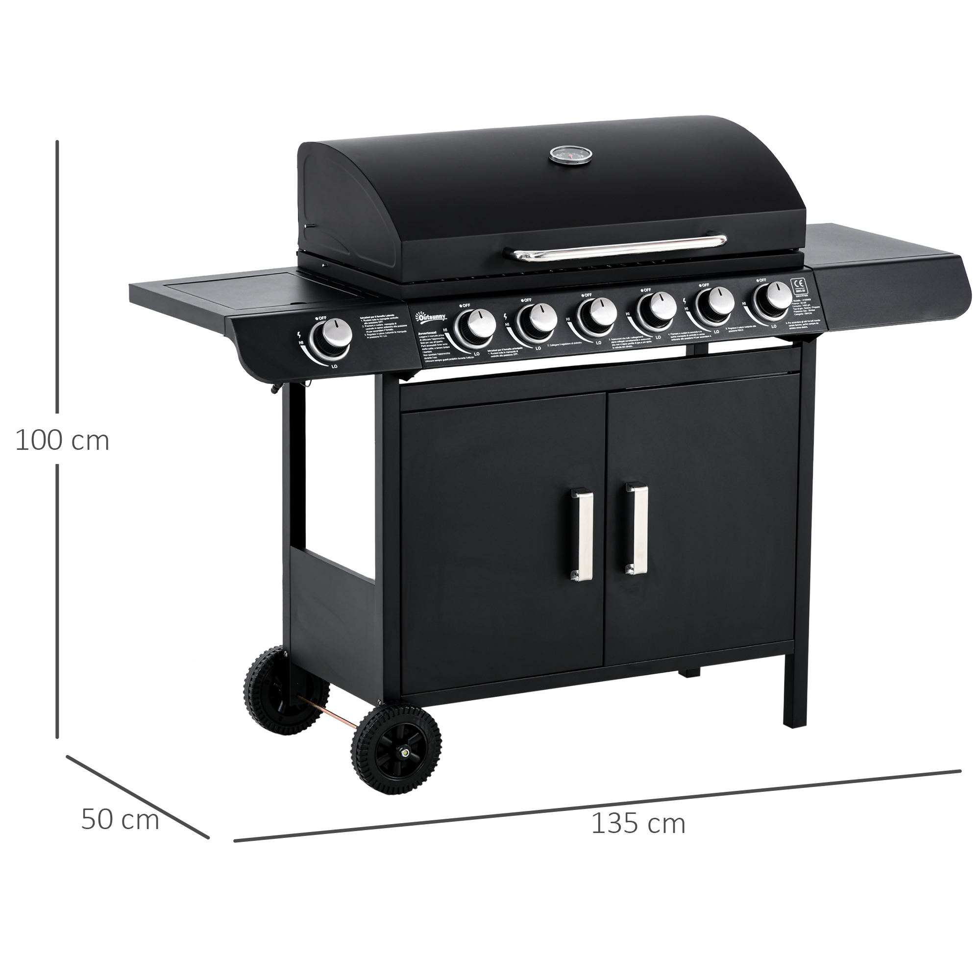 Gasgrill mit 7 Brennern, inkl. Thermometer,  BBQ -Grill, mobiler Grill, Schwarz