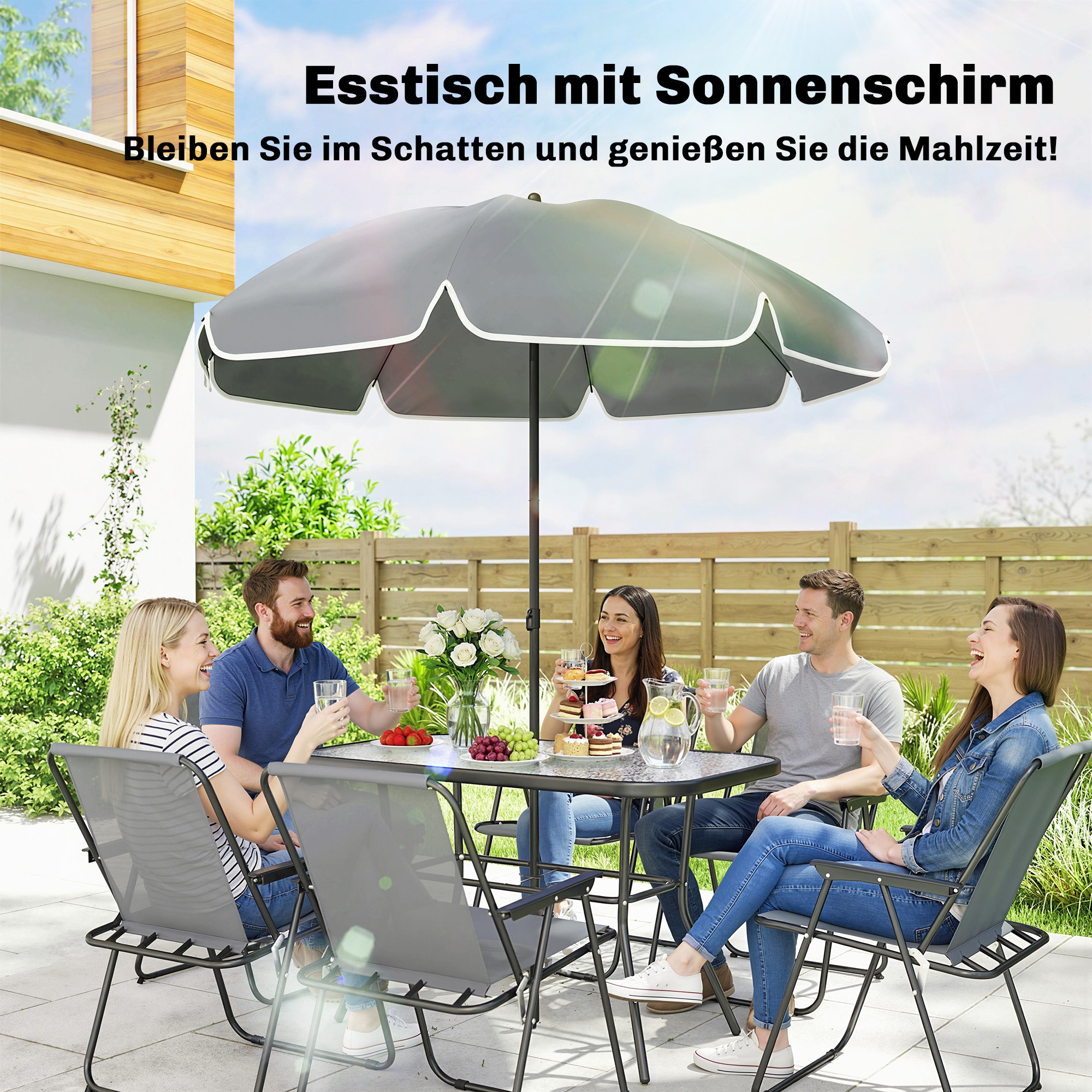 Gartenmöbel Set Sitzgruppe 119 x 68cm Glastisch mit 6 Klappstühlen Sonnenschirm Wasserwellenmuster Grau