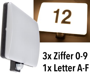 LED Wandleuchte "PADAR" mit PIR-Sensor / IP65, 20W, mit Hausnummer & Buchstaben
