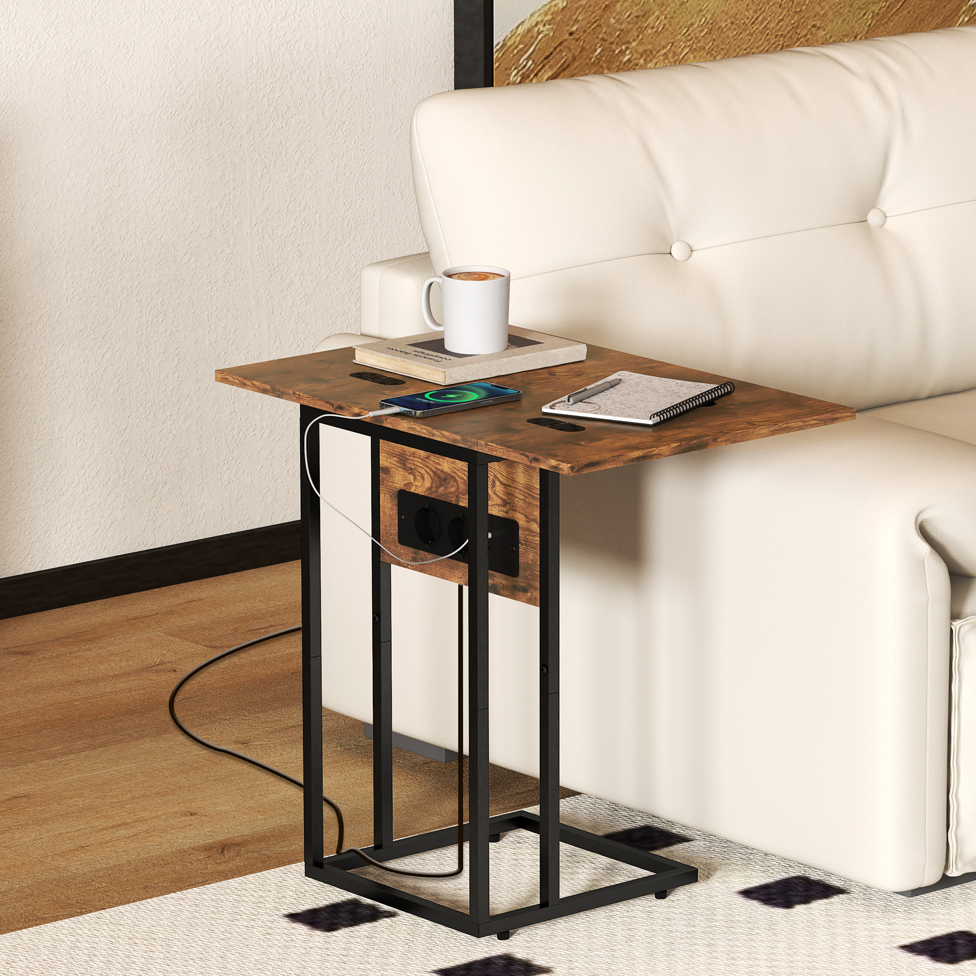 Klappbarer Beistelltisch, Ladestation mit USB-Ports, Metall, 39 x 29 x 57 cm, Braun