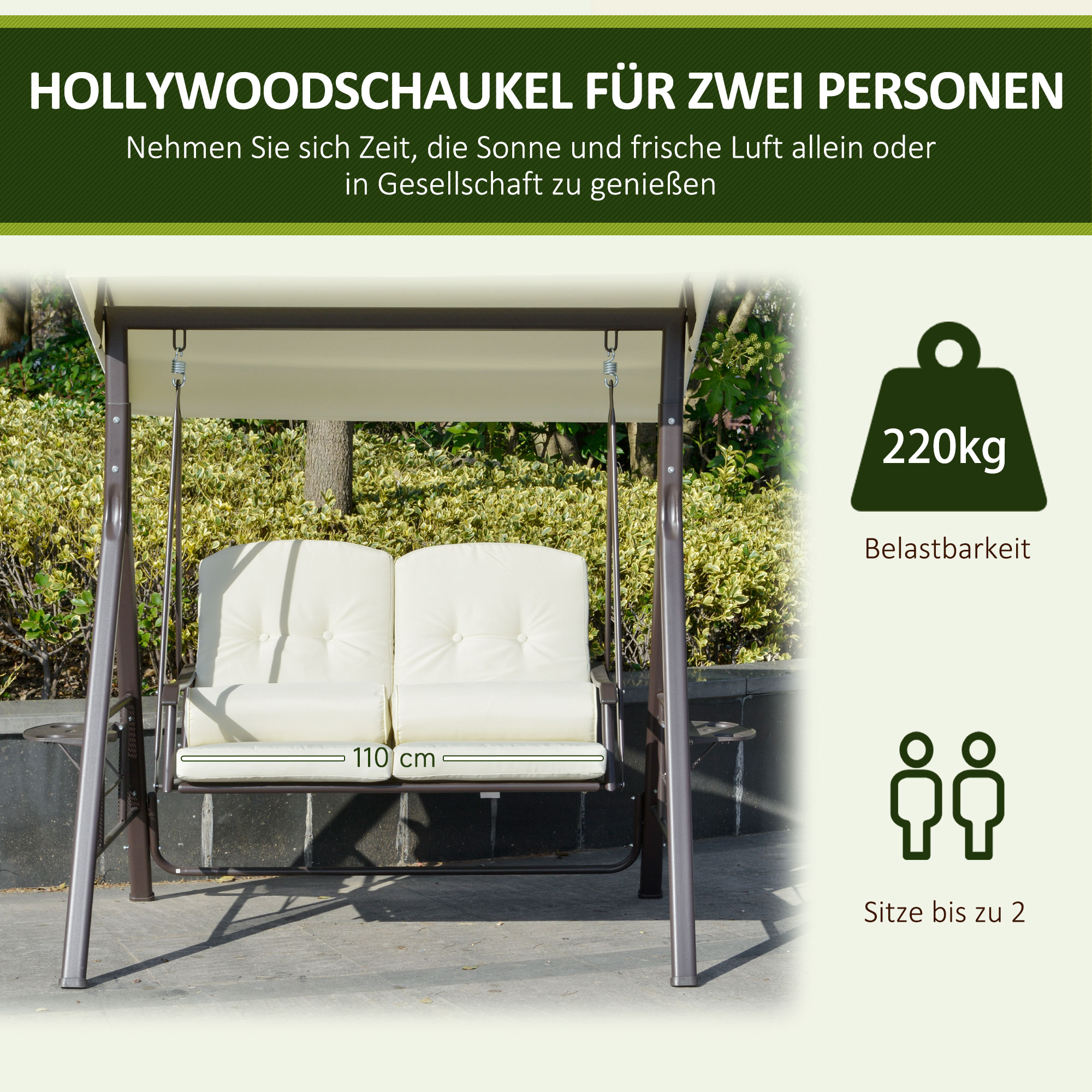 Hollywoodschaukel 2-Sitzer-Hollywoodschaukel Gartenschaukel, wetterbeständig, 2 Ablagen,  Weiß + Schwarz