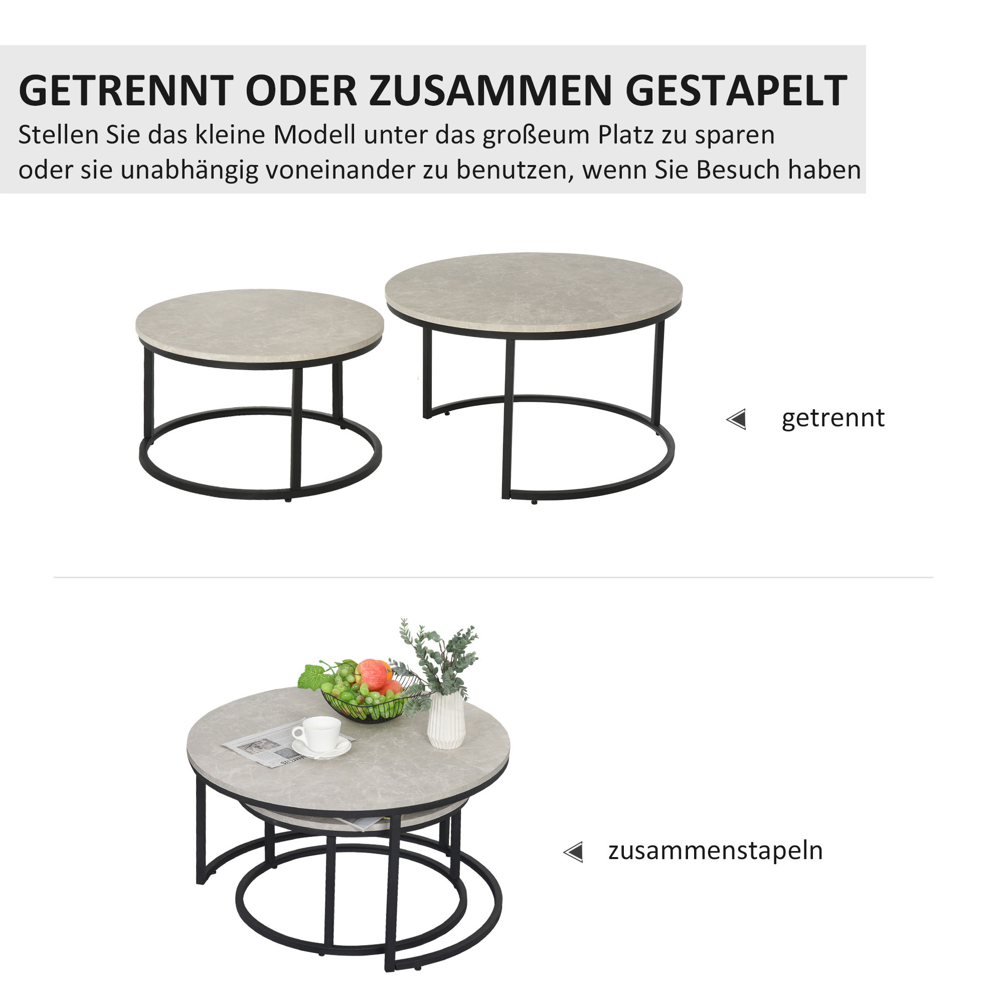 Couchtisch-Set, 2 runde Satztische, Industriedesign, Metallgestell, Betonoptik/Schwarz