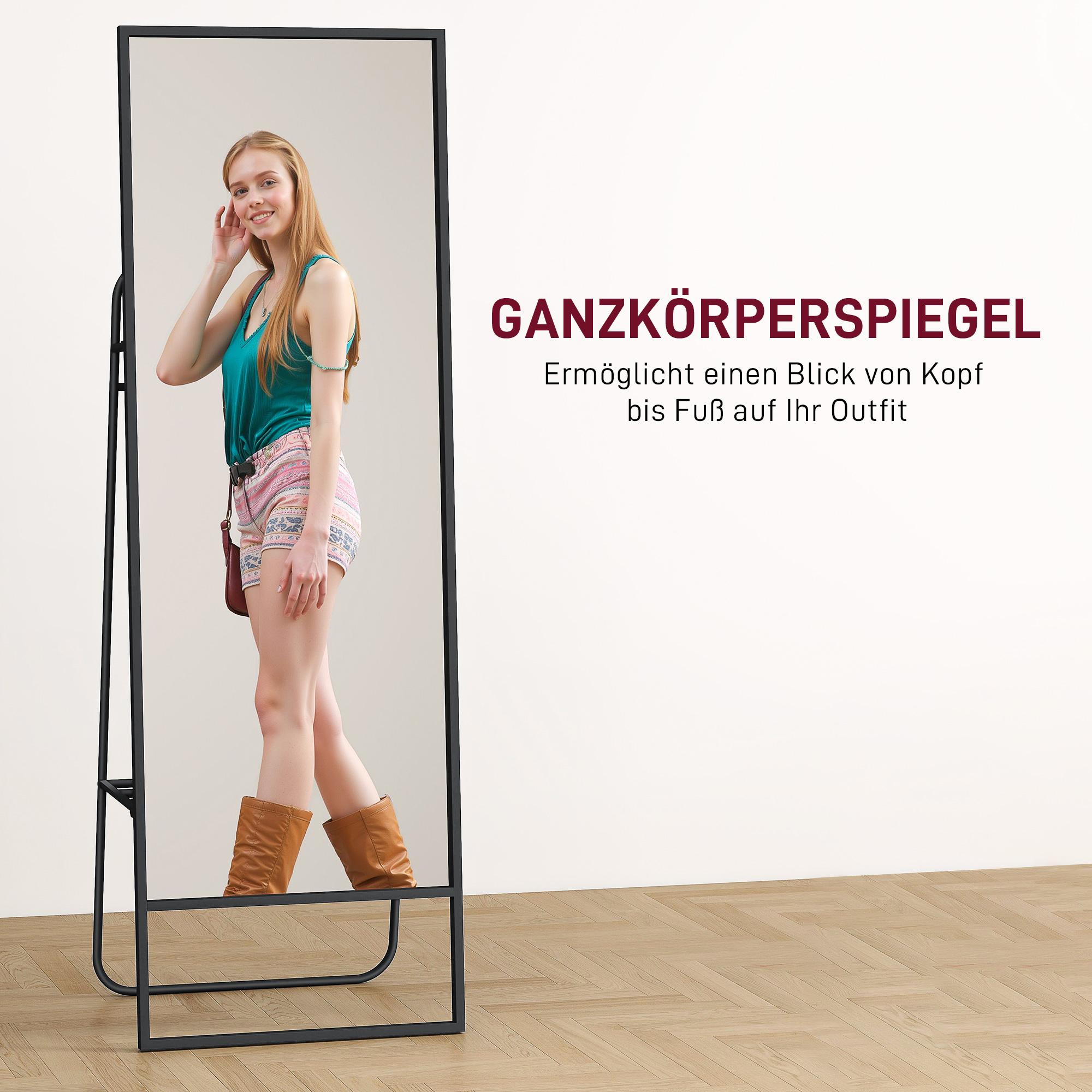 Ganzkörperspiegel, industrielles Design, hinteres Regal, 2 Haken, Metallrahmen, für Schlafzimmer, 157 x 50 cm, Schwarz