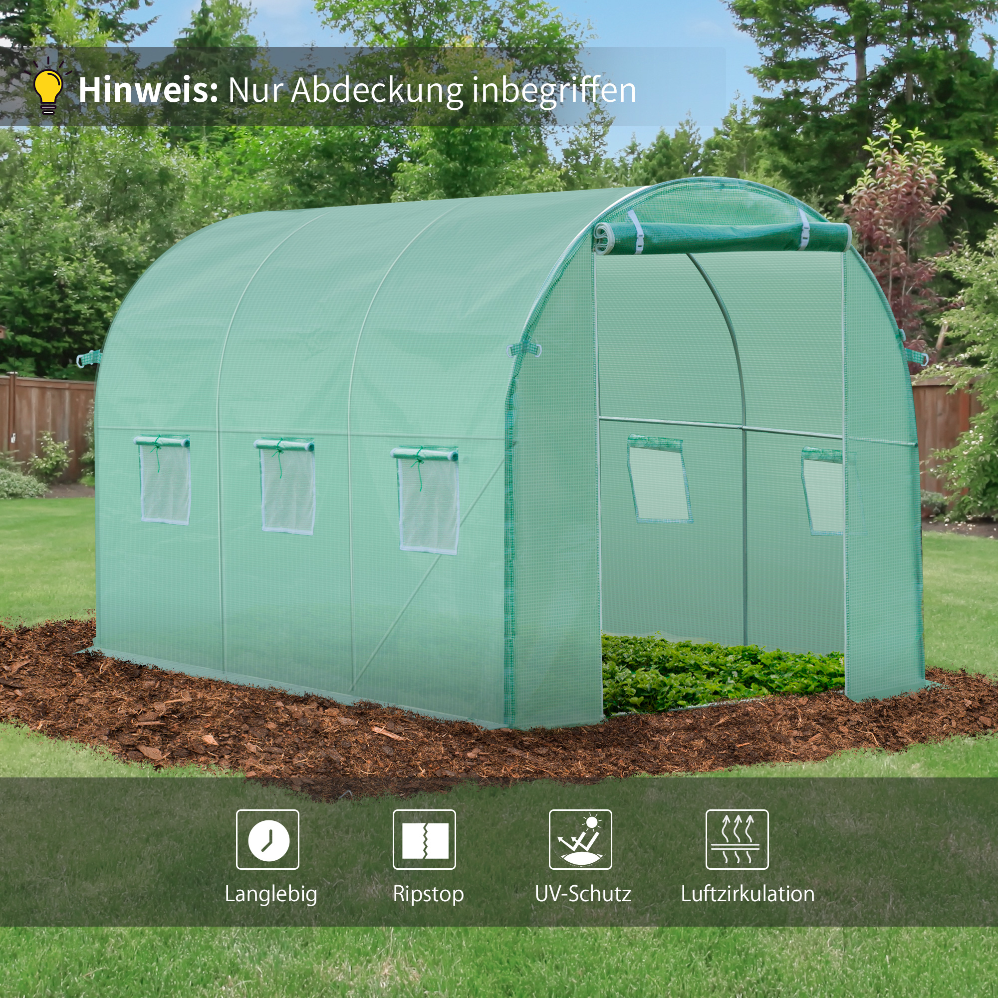 Gewächshausfolie, 3 x 2 x 2 m, wasserdichte Gartenplane mit UV-Schutz, Kunststoff-Folie, Abdeckplane für Treibhaus, Folientunnel, Tunnelfolie für Außenbereich, Grün