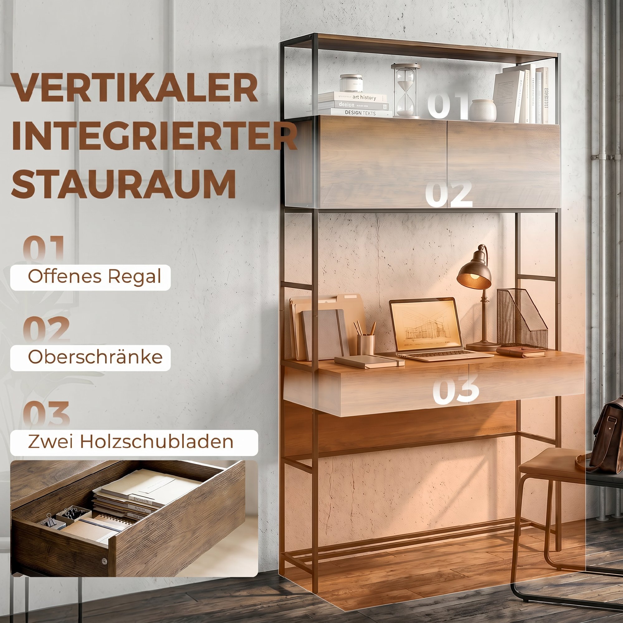 Computertisch mit Regalen und 2 Schubladen für das Home Office, 185 cm hoch, Braun Holzoptik