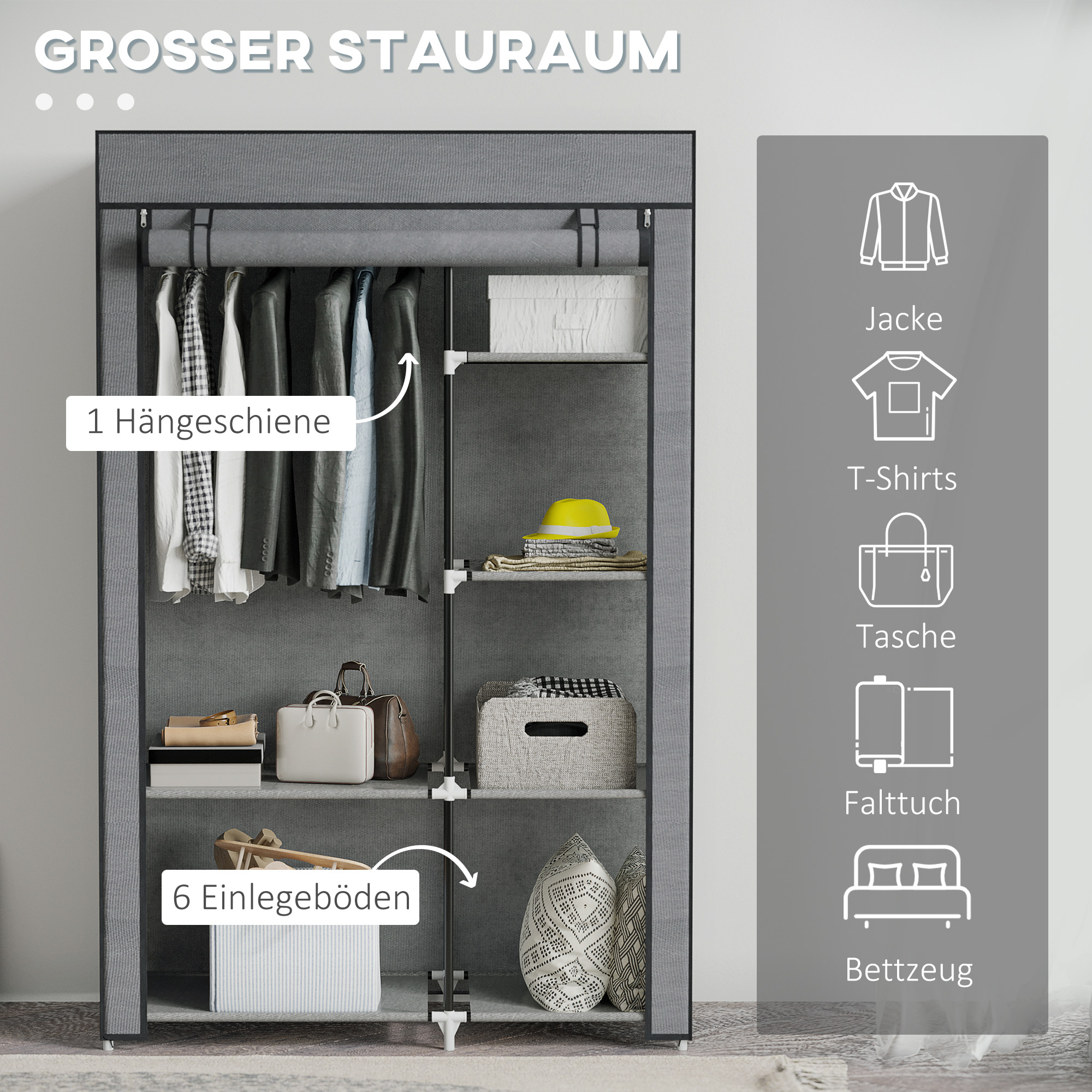 Schrank aus Stoff, Aufbewahrungslösung, 6 Regale, 1 Kleiderstange, Dunkelgrau