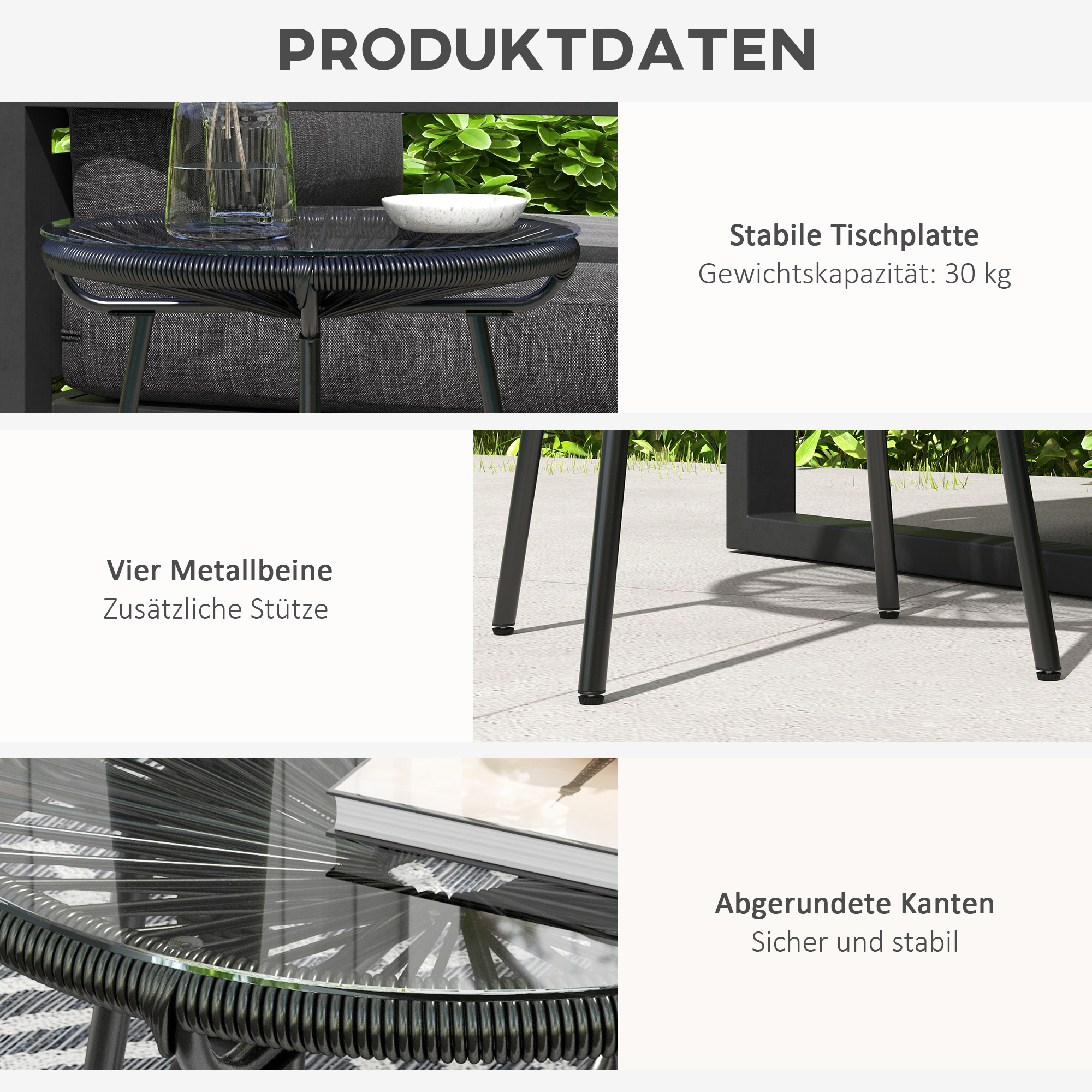 Gartentisch Boho-Stil Outdoor Beistelltisch, PE-Rattan, gehärtetes Glas, wetterbeständig, 50 cm x 50 cm x 50 cm, Schwarz