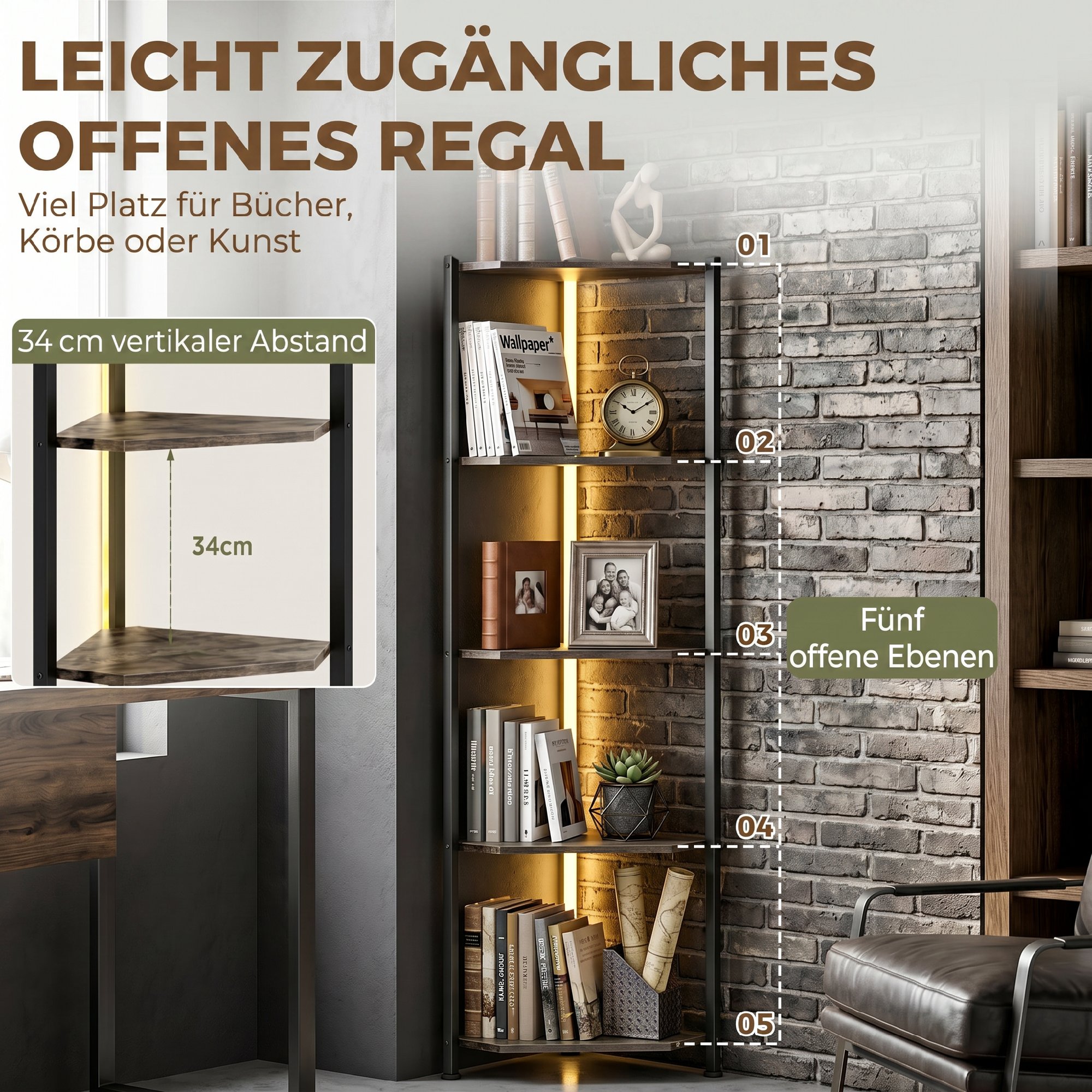 Bücherregal 5-stöckiges Eckregal mit LED-Beleuchtung für Wohnzimmer, Schlafzimmer, Büro, Rustikal Braun
