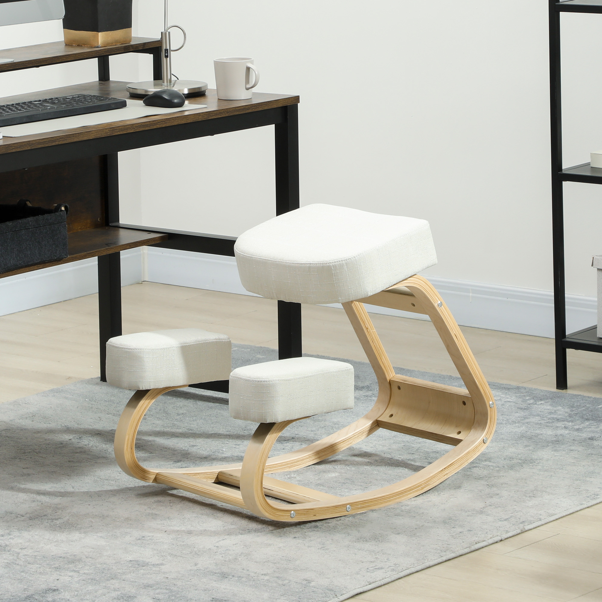Kniestuhl, ergonomischer Sitzhocker, Polsterhocker für gesunde Sitzhaltung, Birkenholz, 120 kg belastbar, Cremeweiß