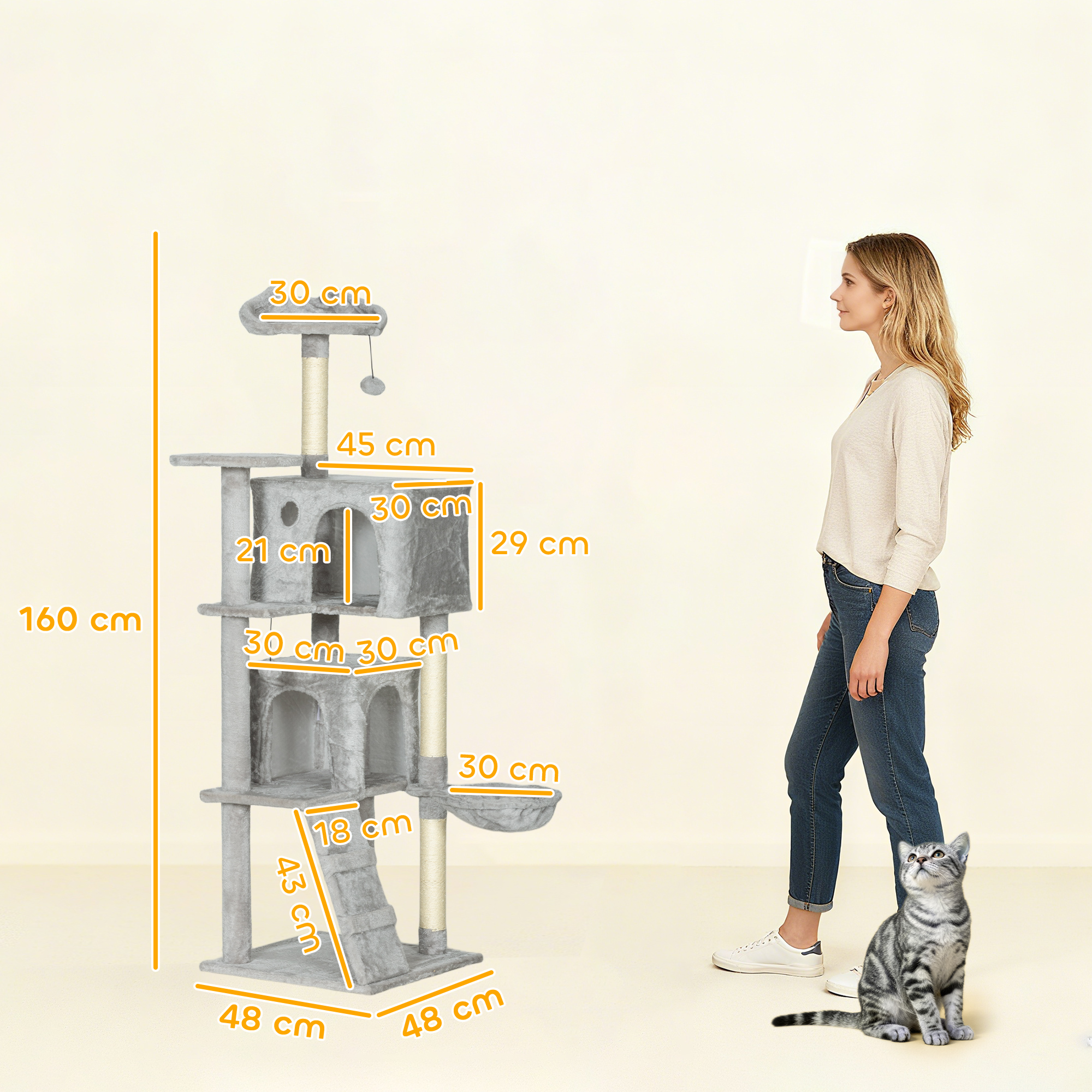 160 cm Katzenkratzbaum, mehrere Ebenen, Sisal-Kratzpfosten, Höhlen, Plüsch-Plattformen, Hängematte, Leiter, Spielbälle