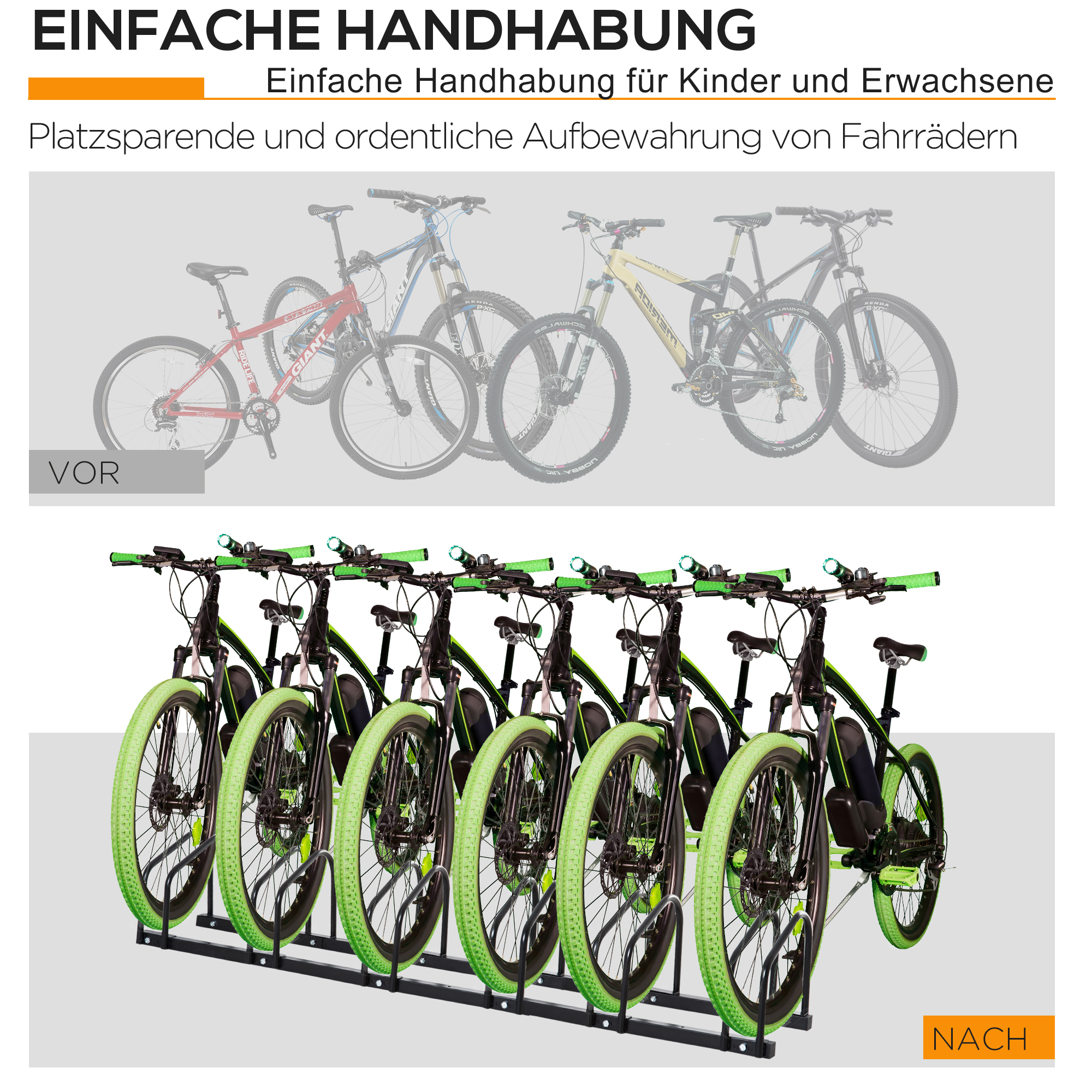 Fahrradständer für 6 Fahrräder, wetterfest, Wand- oder Bodenmontage, Stahl 179 x 33 x 27 cm