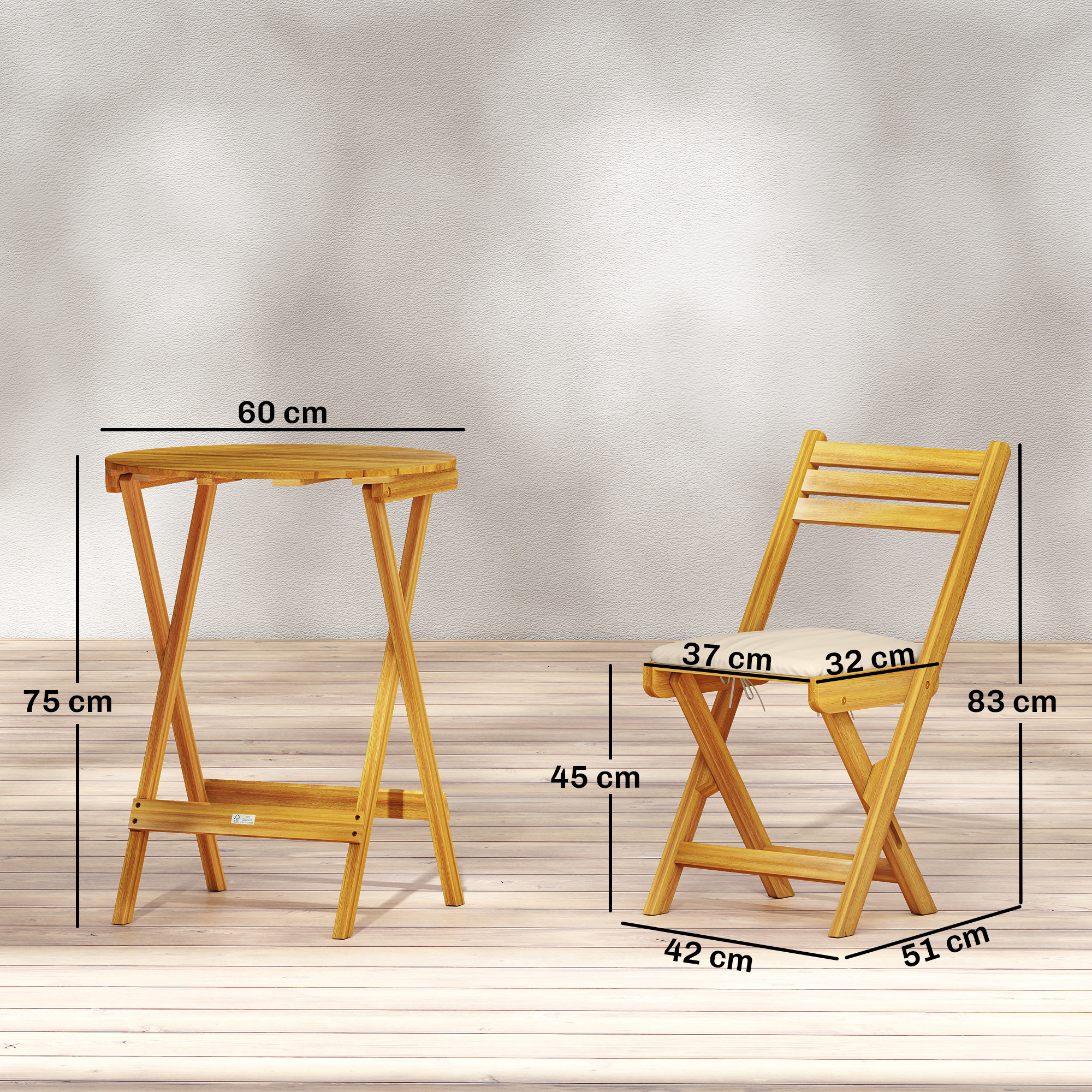 Balkonmöbel Set 3 teilig FSC Holz klappbar Gartenmöbel Set mit runder Tisch 2 Stühle Sitzkissen Atmungsaktiv Lamellsitz
