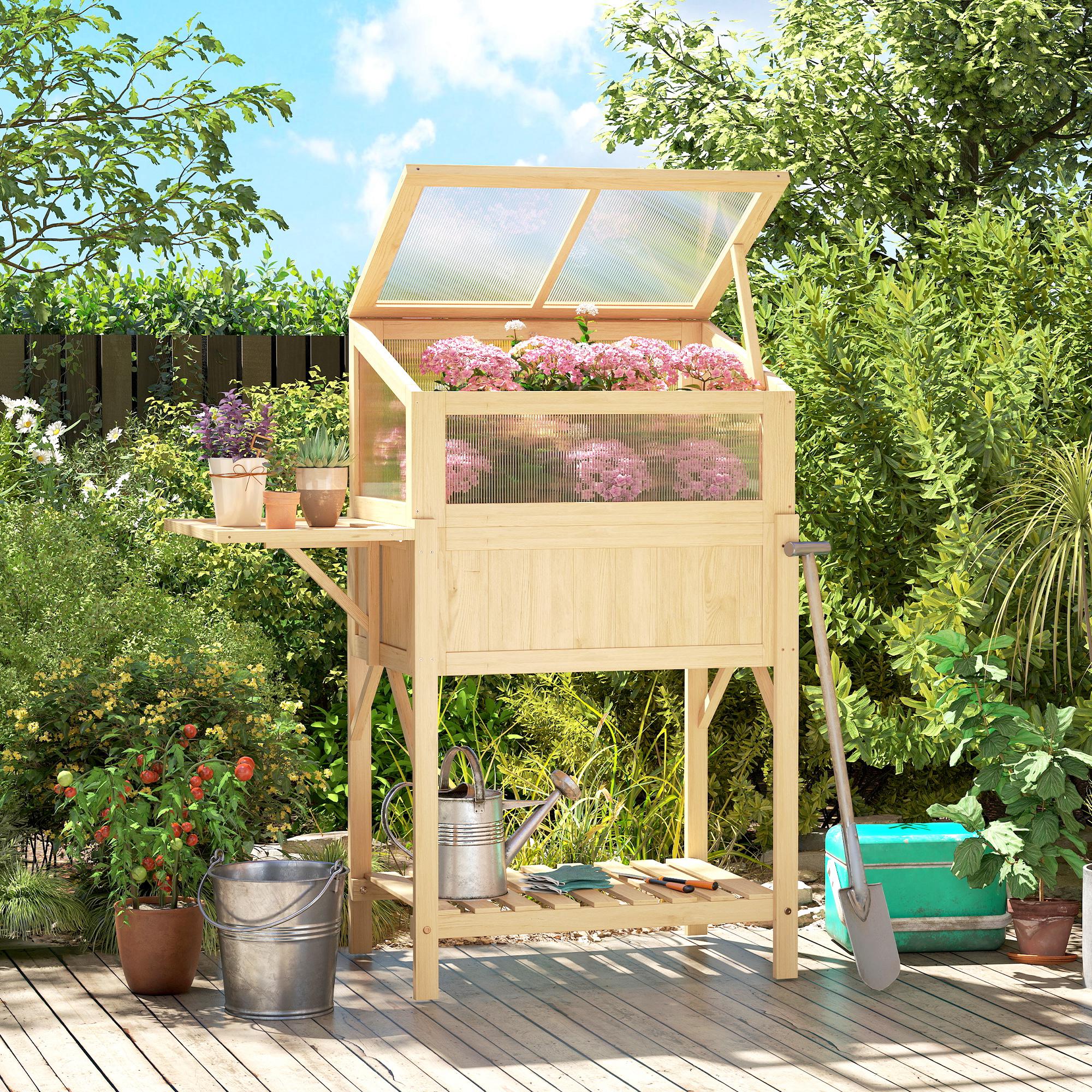 Hochbeet mit Frühbeetaufsatz aus Holz Pflanzkasten mit Gewächshaus klappbar Seitentisch Ablagefach Naturholz