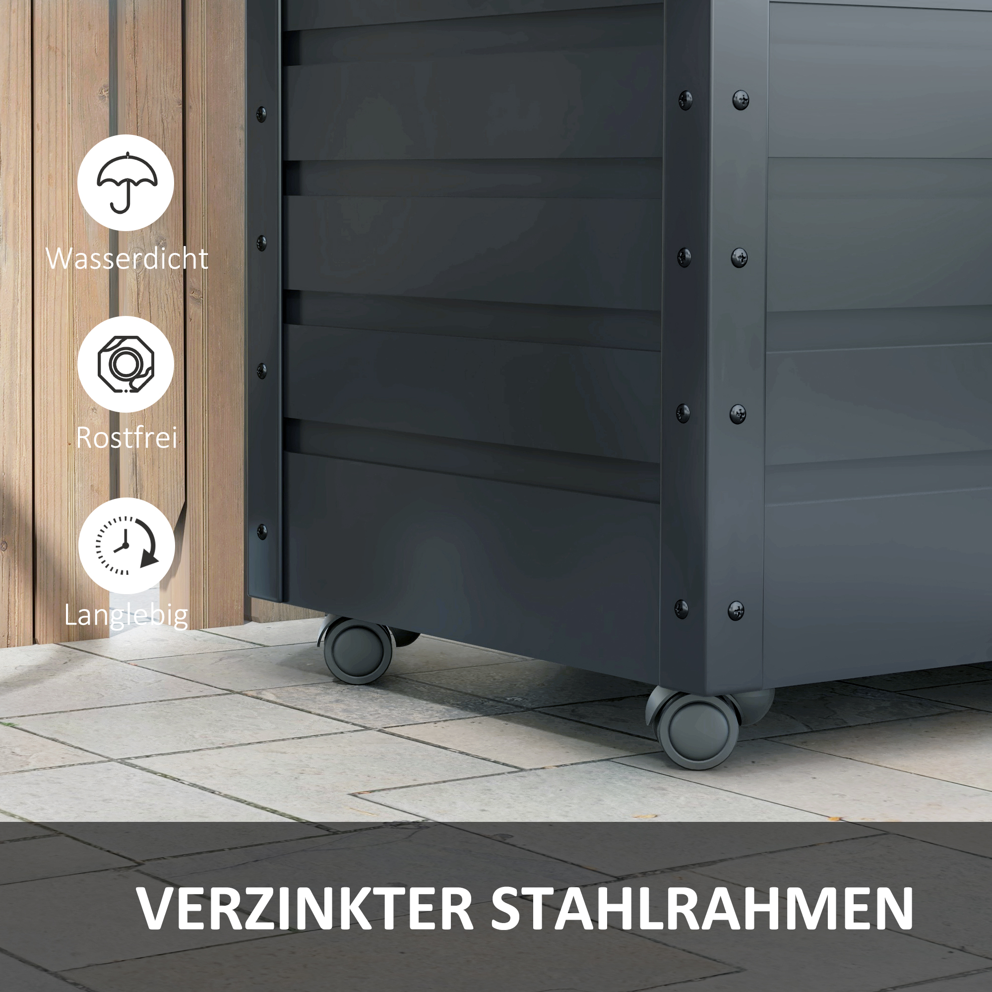 Outdoor Aufbewahrungsbox Gartenbox Kissenbox, wetterbeständig, 4 Rollen, 100 cm x 62 cm x 65 cm, Dunkelgrau