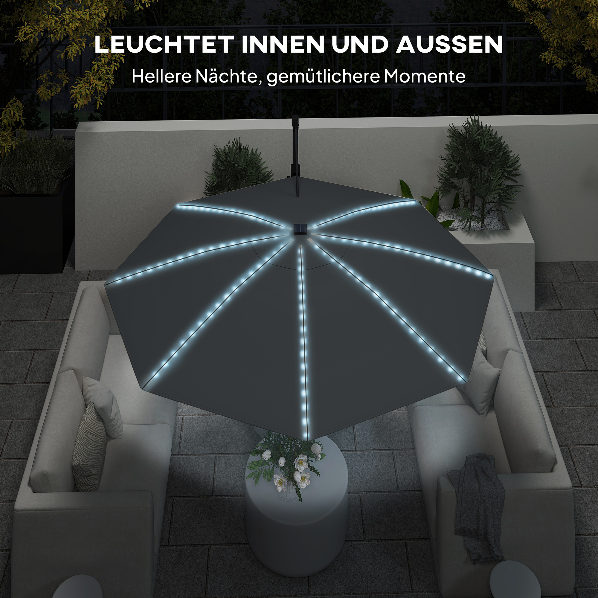 Alu Ampelschirm LED Solar Ø300 cm höhenverstellbar Sonnenschirm mit Kurbel Ständer UV50+ Dunkelgrau