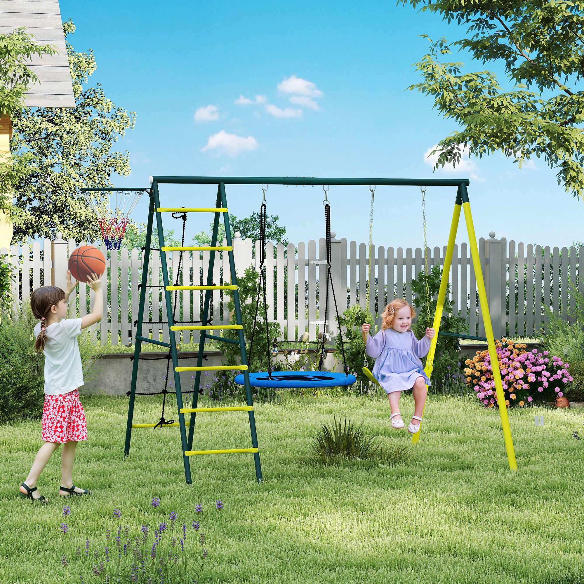 Kinderschaukel-Gerüst mit 2 Schaukeln, Basketballkorb, Kletterleiter, 267x180x202 cm, Gelb