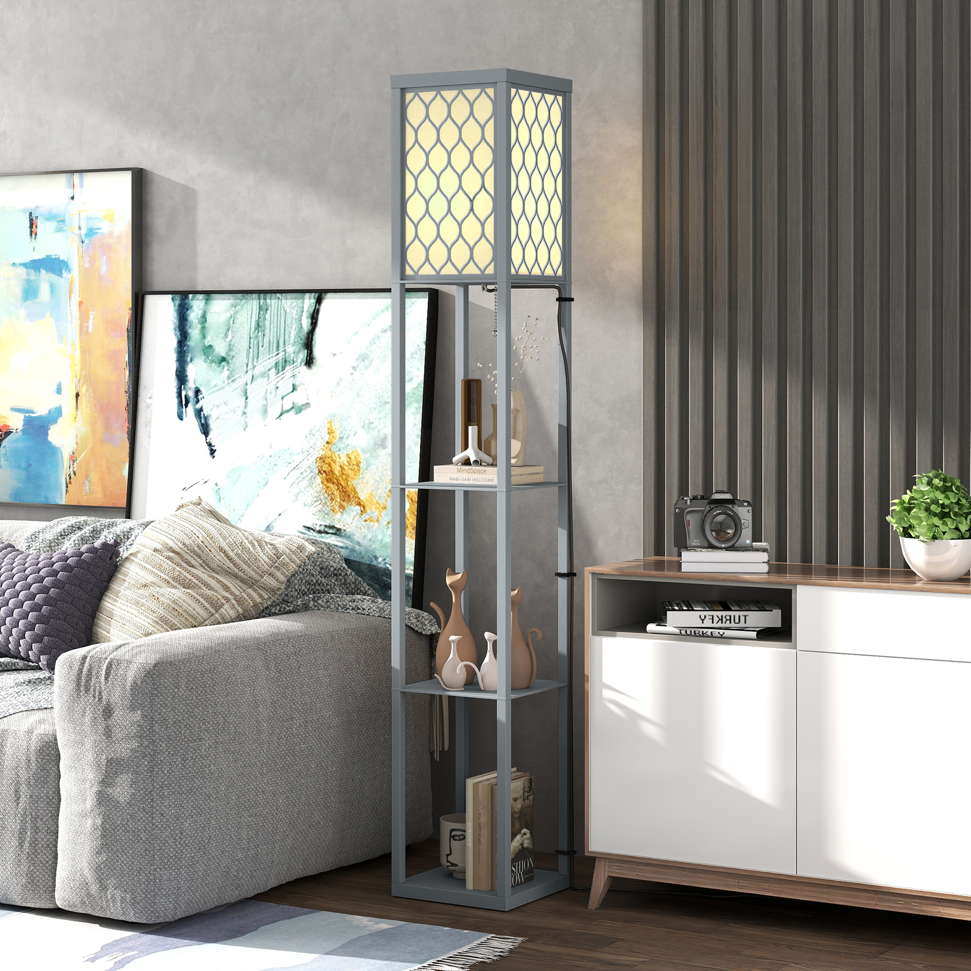 Stehlampe mit Regal, 3 Fächer, kompakte Maße, MDF, Hellgrau