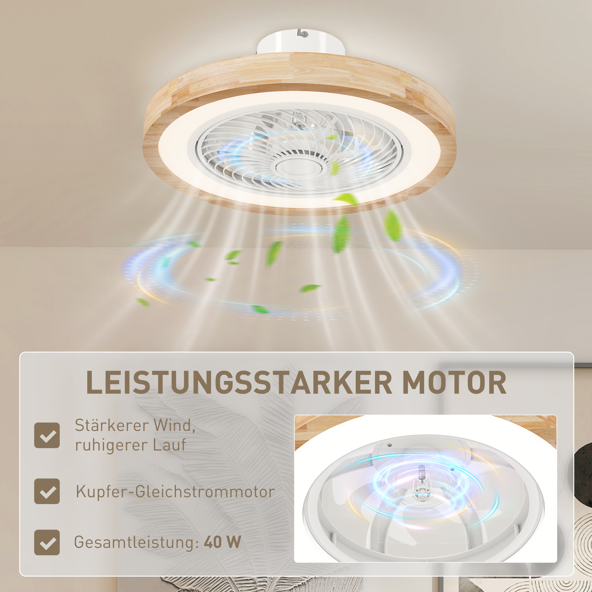 Deckenventilator mit Lampe und Fernbedienung, 6 Geschwindigkeiten, einstellbare Helligkeit, leiser Motor, Hellbraun