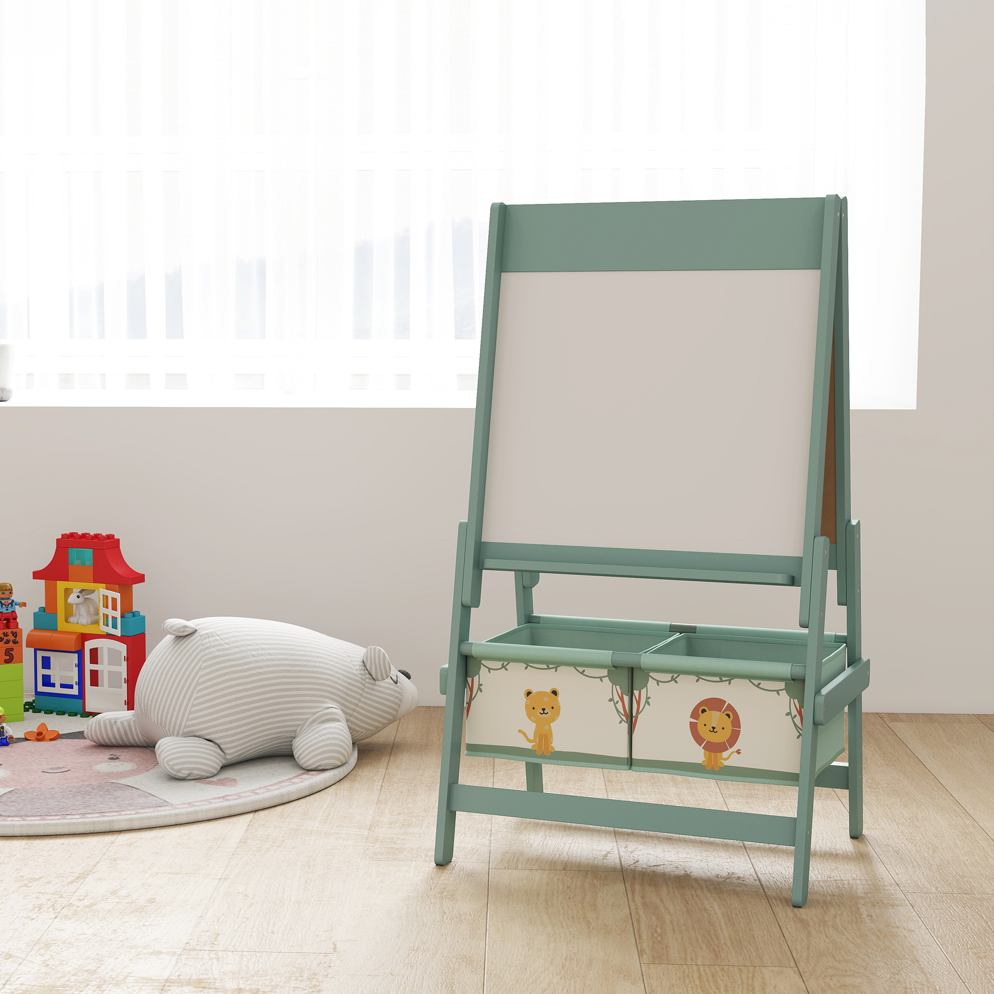 Kinder Staffelei 3 in 1 Kindertafel mit Kreidetafel, Whiteboard, Papierrolle, 2 Aufbewahrungsboxen, für 3-8 Jahre Grün