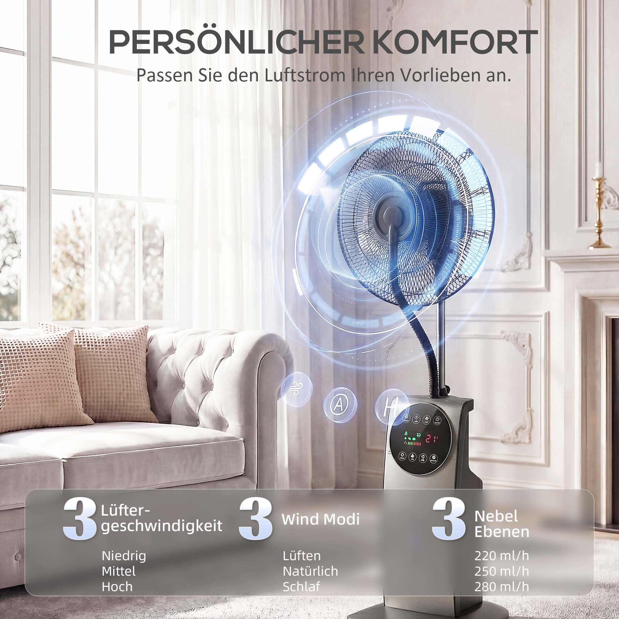 Sprühnebelventilator mit Fernbedienung, Standventilator mit Wassernebel, 70° Oszillation, 3 Geschwindigkeiten, 3 Modi, 3,1L Wassertank