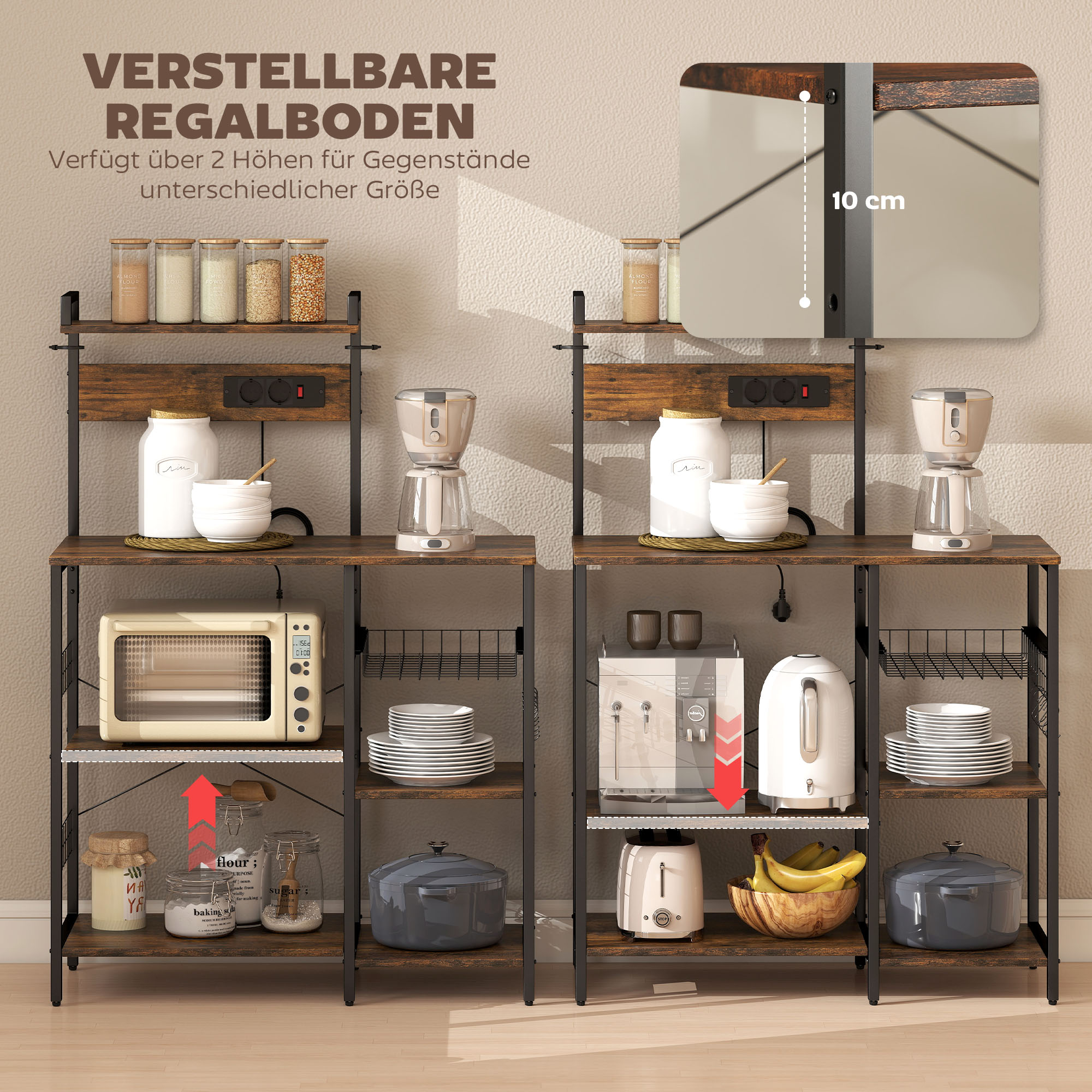 Küchenregal, Standregal mit 2 Steckdosen, 5 S-Haken, 5 Ablagen, Korb, X-Streben Stahl 90 x 42 x 130 cm