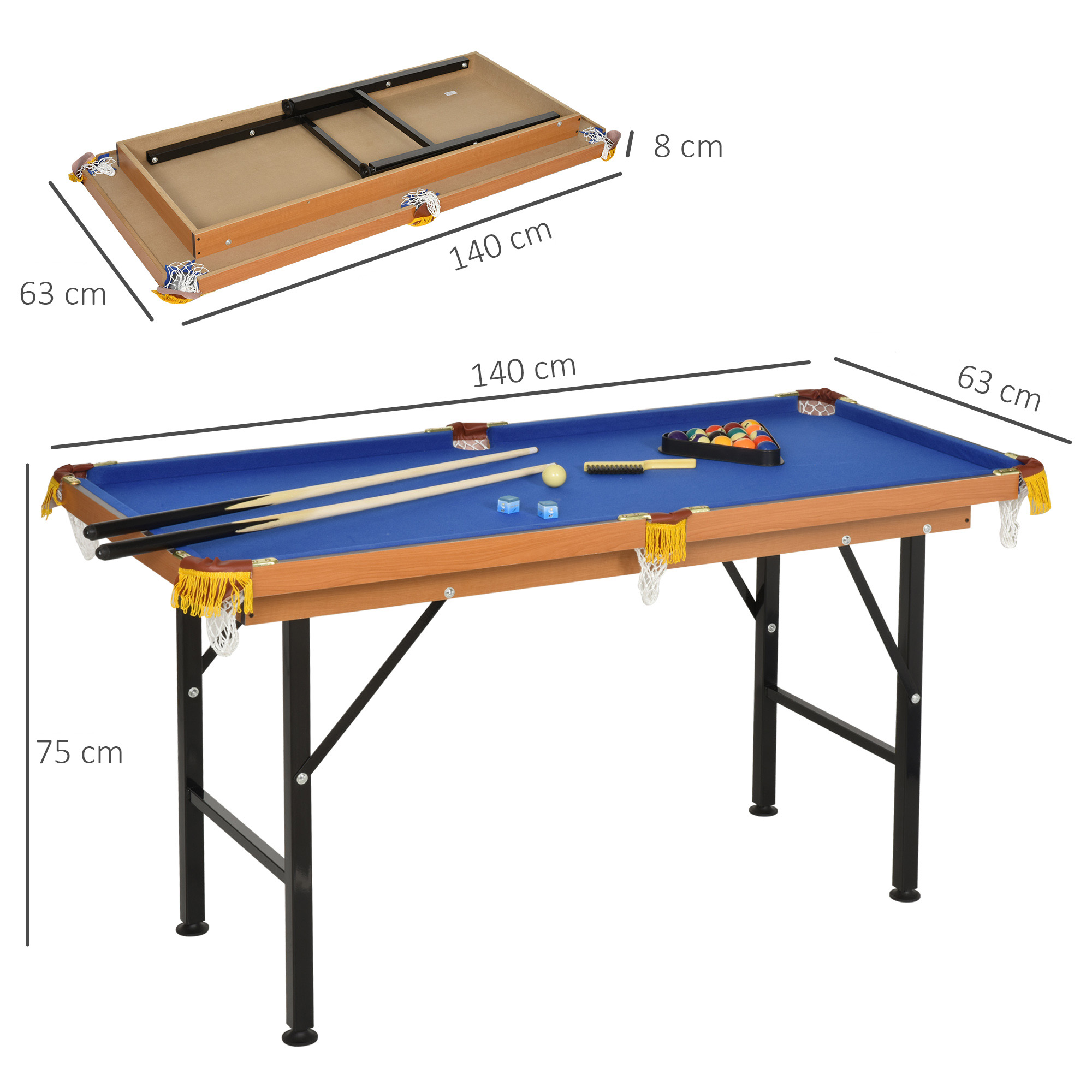 Billardtisch Klappbar Mini Billiard Tisch mit 2 Queues 16 Bällen Kreide Dreieck, Zubehör 140 x 63 x 75 cm